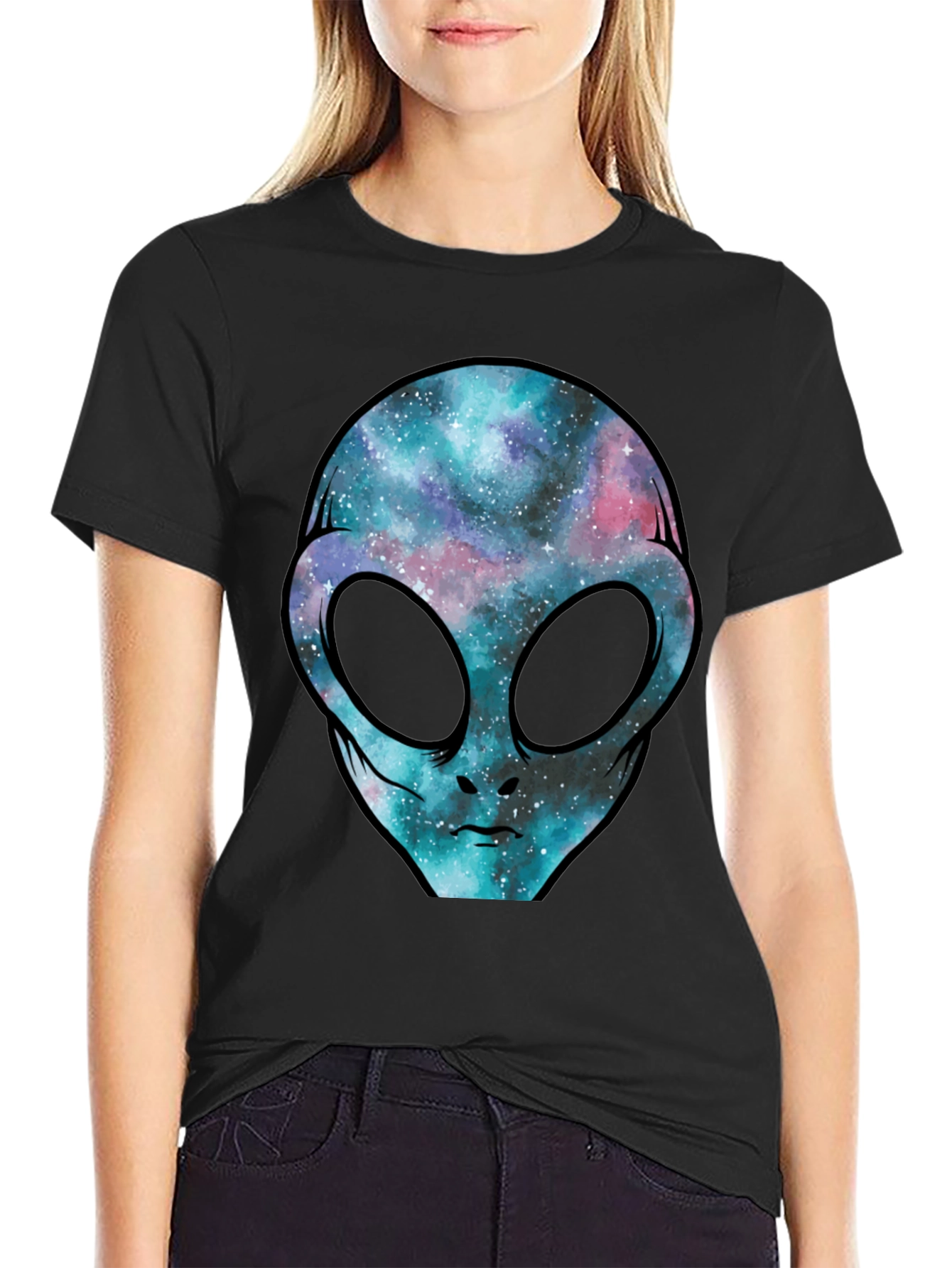 Cosmic Alien Graphic Tee - Black Cotton T-Shirt