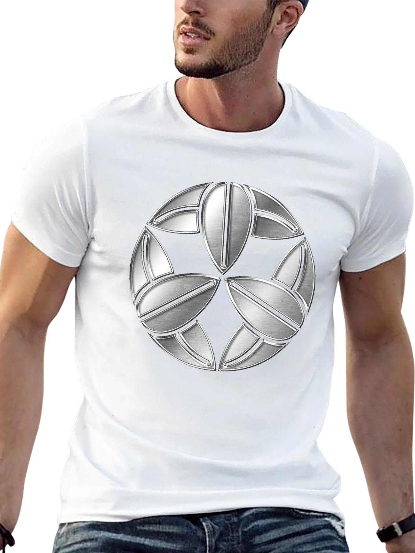 Abstract Geometric Silver Patterned Black T-Shirt