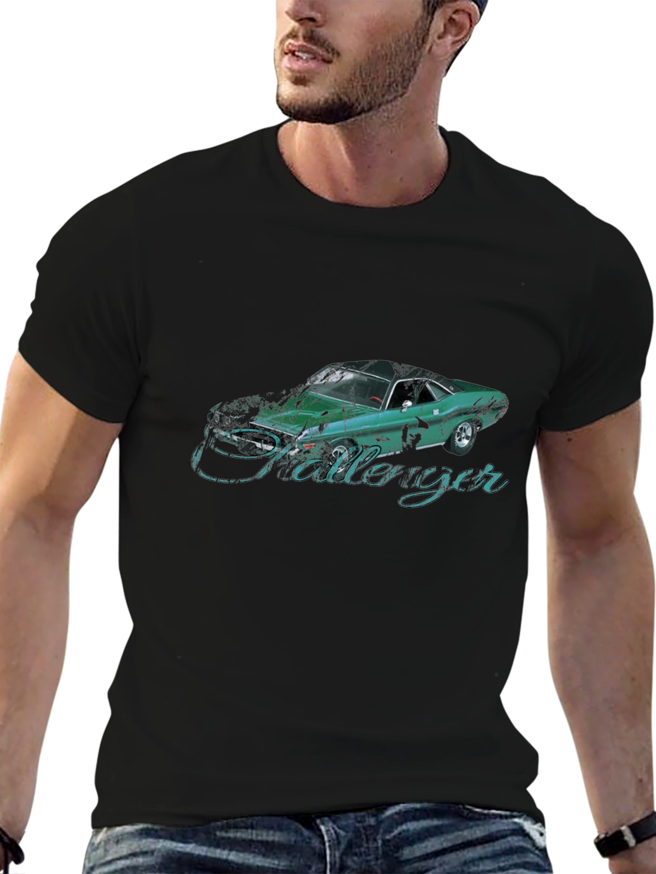 Classic Car Tee: Challenger Graphic Print Black T-Shirt