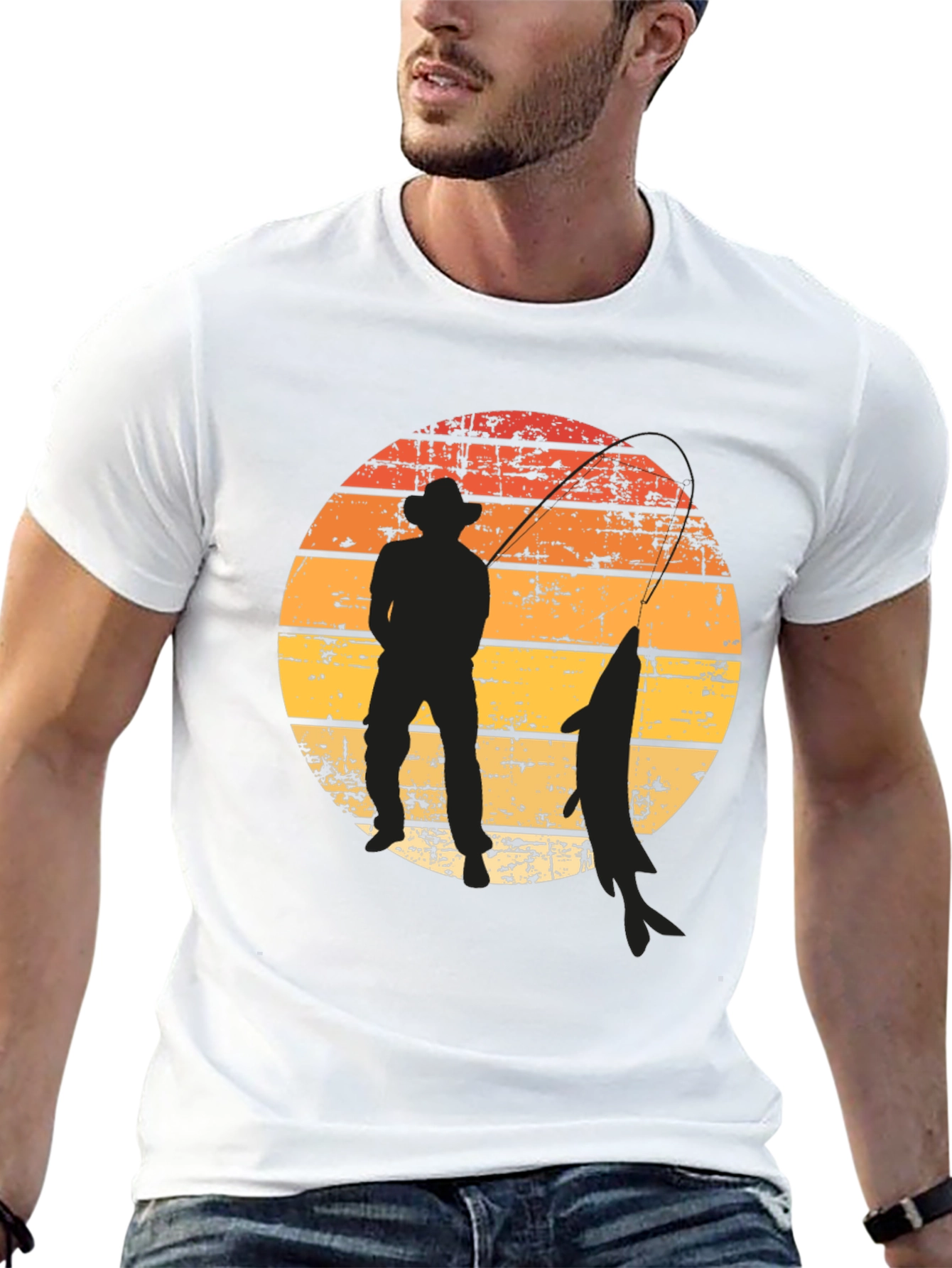 Fisherman Silhouette Graphic Tee - Sunset Design