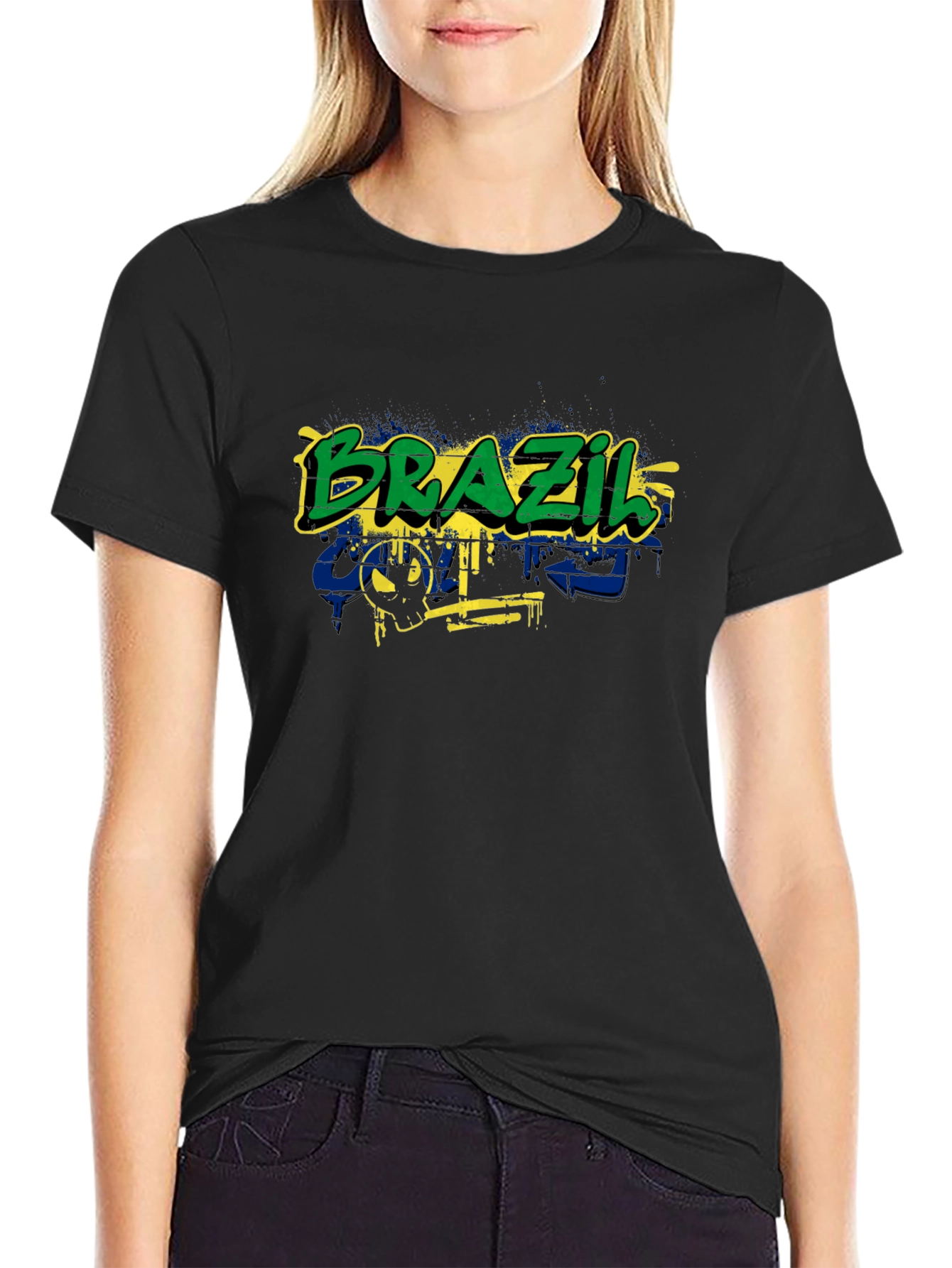 Brazil Flag Graffiti Graphic T-Shirt - Black