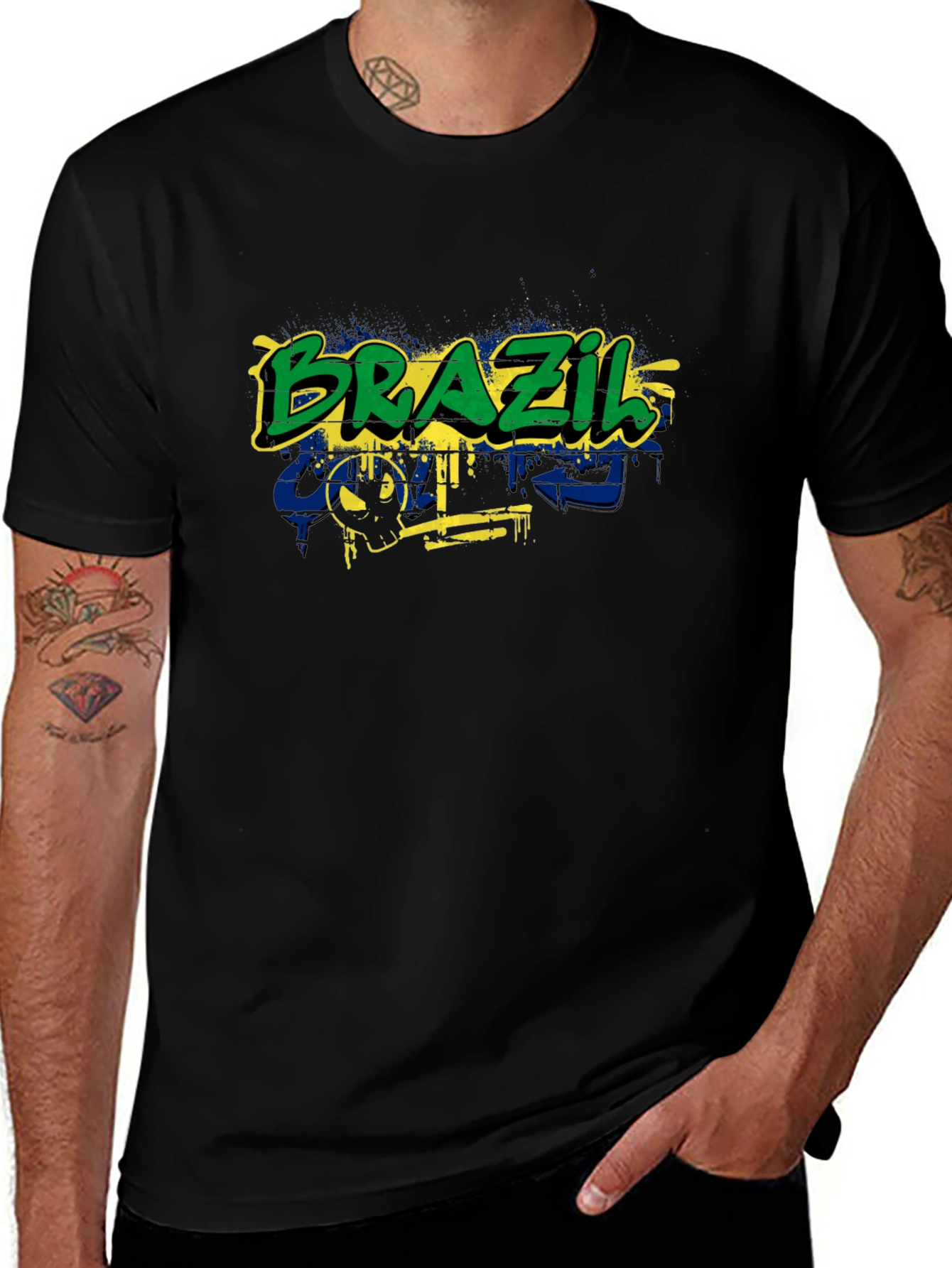Brazil Flag Graffiti Graphic T-Shirt - Black