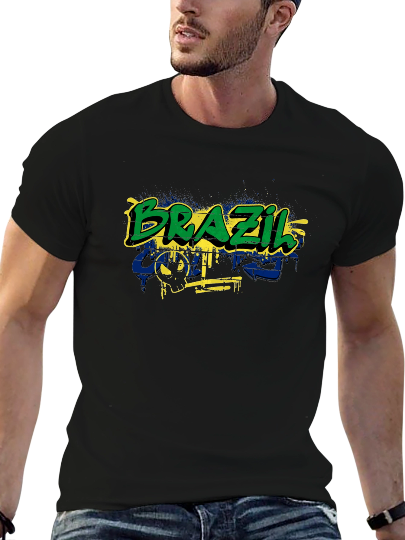 Brazil Flag Graffiti Graphic T-Shirt - Black
