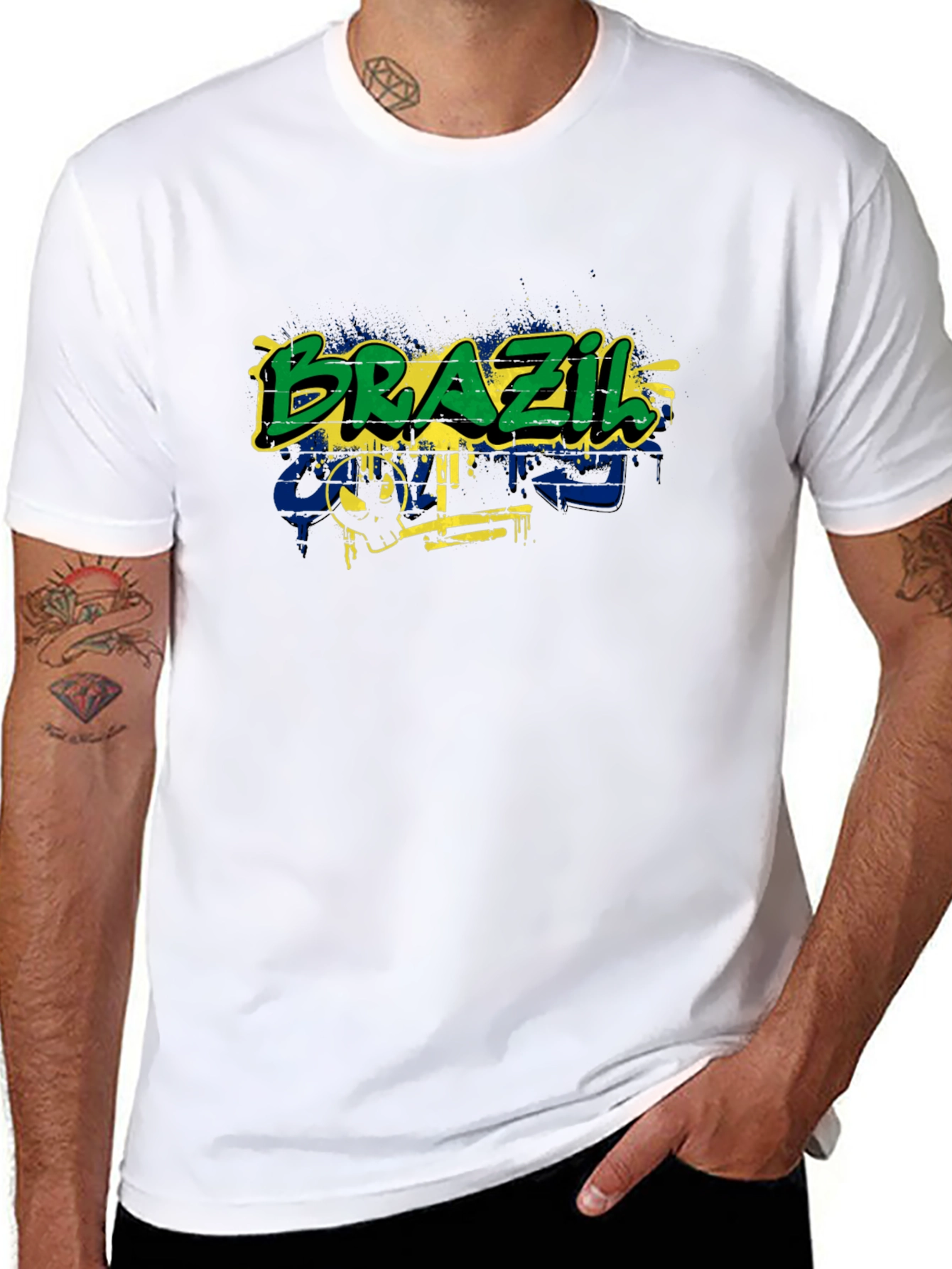 Brazil Flag Graffiti Graphic T-Shirt - Black