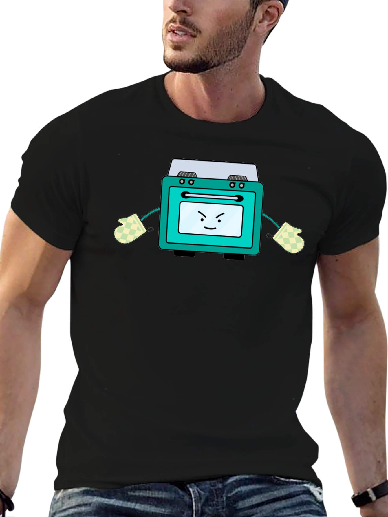 Funny Oven Cartoon Graphic Tee - Black