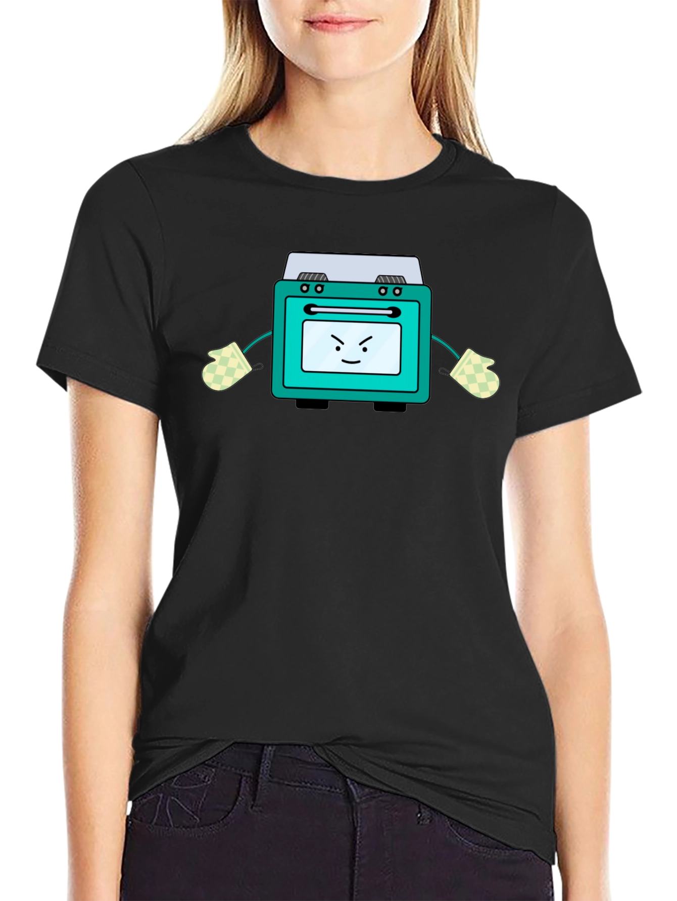 Funny Oven Cartoon Graphic Tee - Black