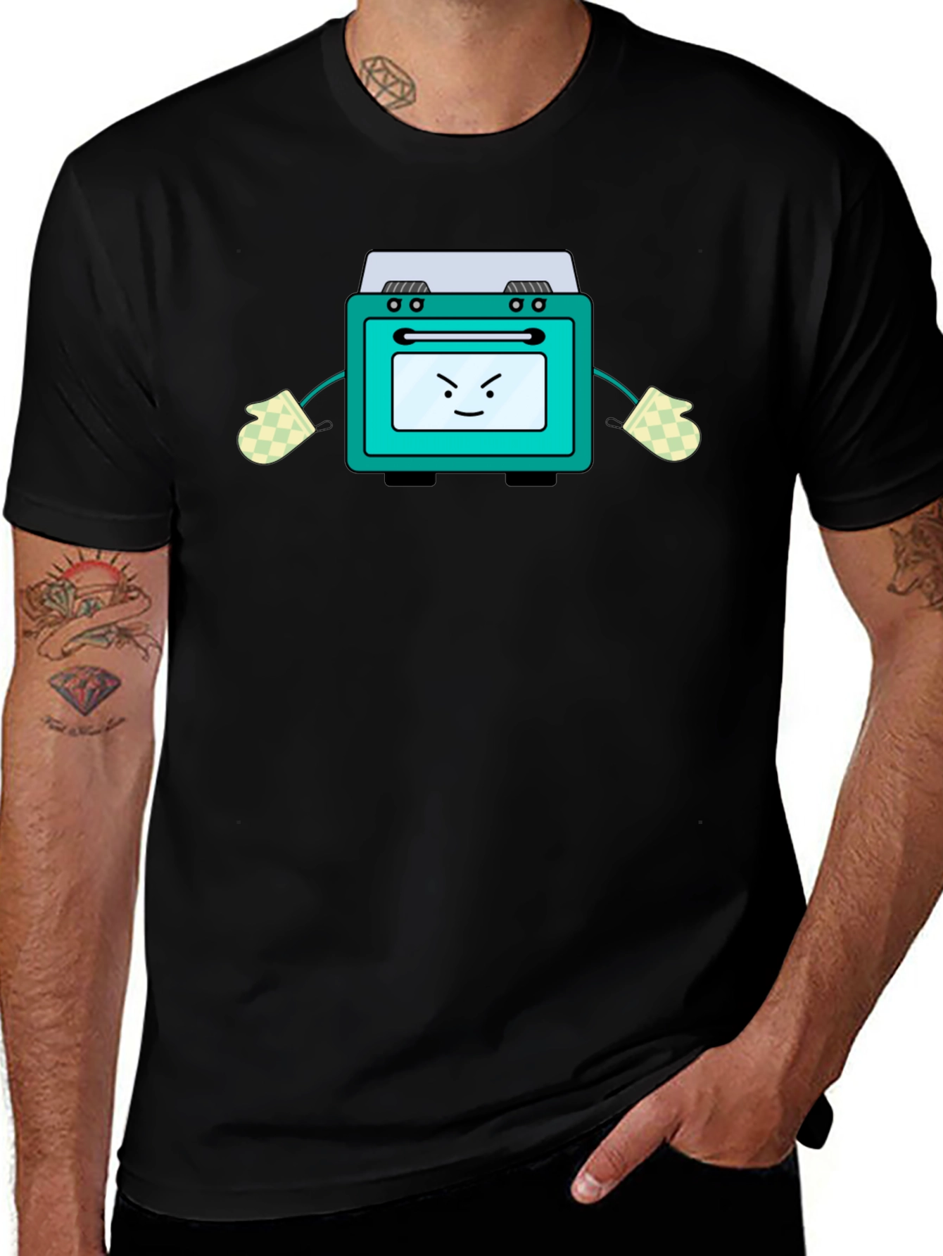 Funny Oven Cartoon Graphic Tee - Black