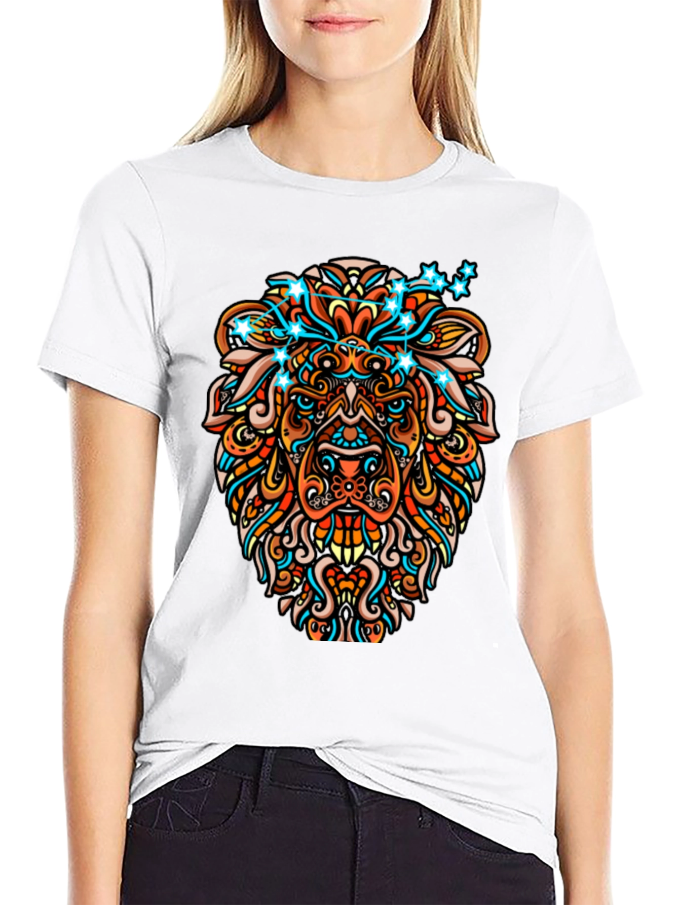 Lion Constellation Graphic Print Mens Black Tee