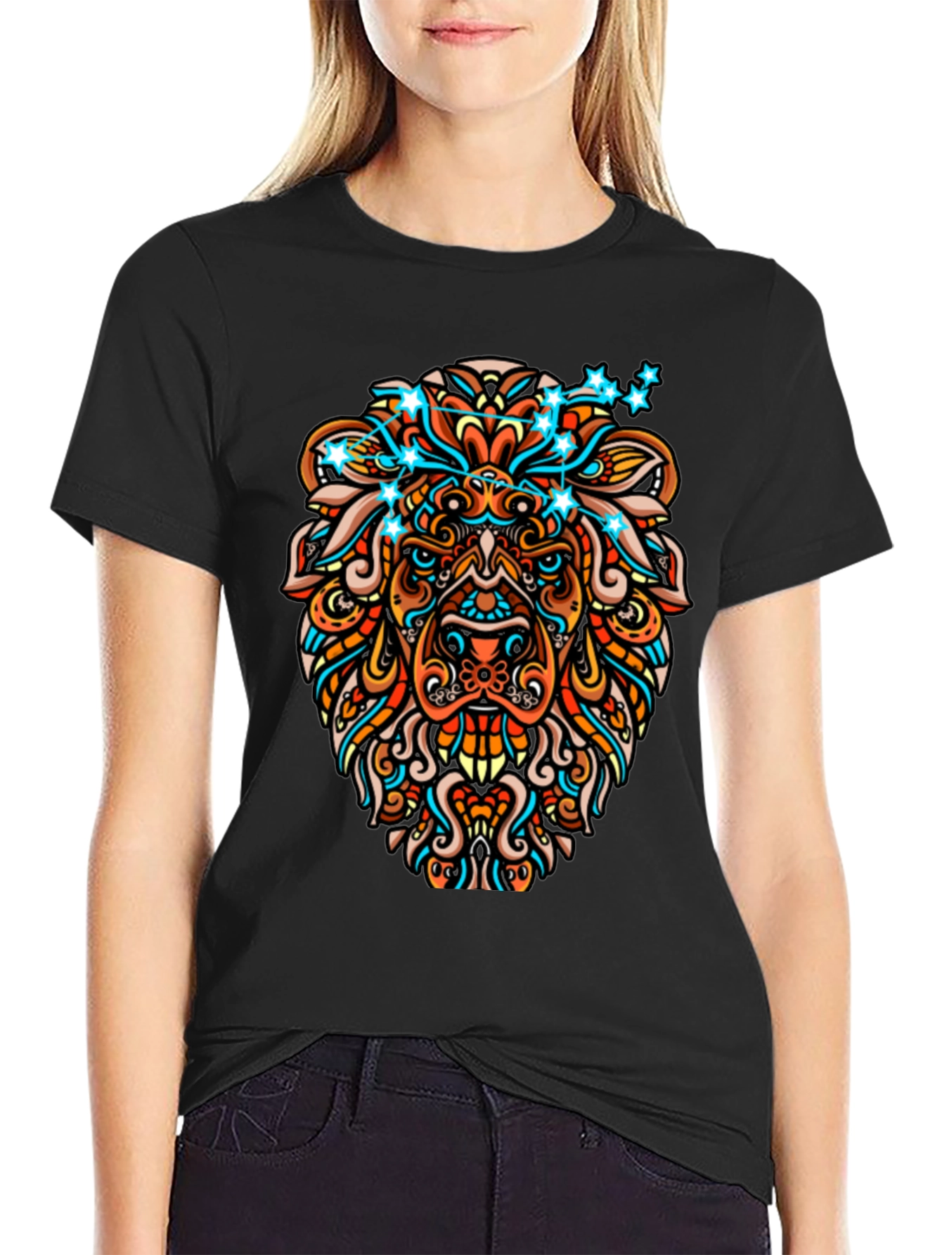Lion Constellation Graphic Print Mens Black Tee
