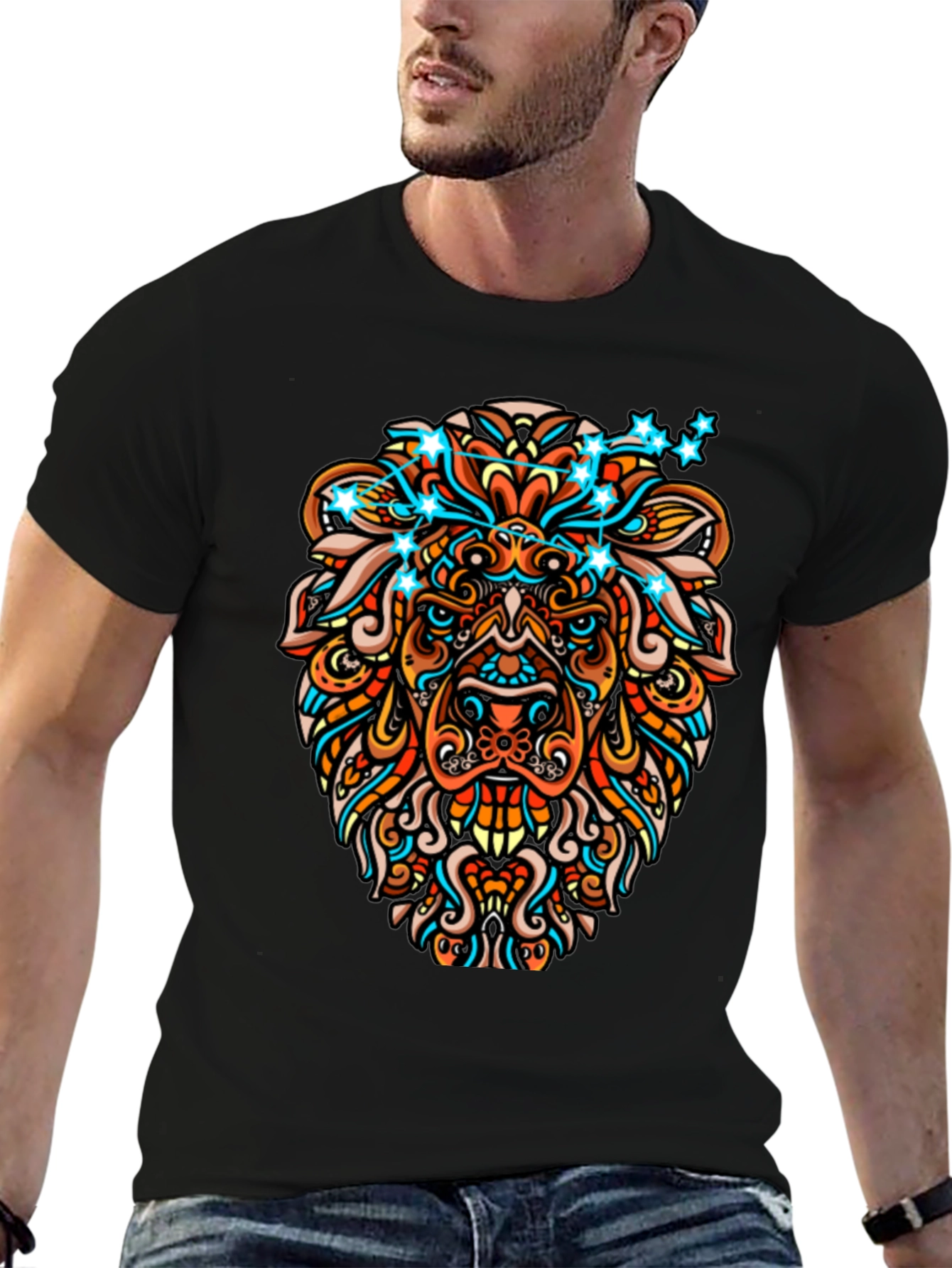 Lion Constellation Graphic Print Mens Black Tee