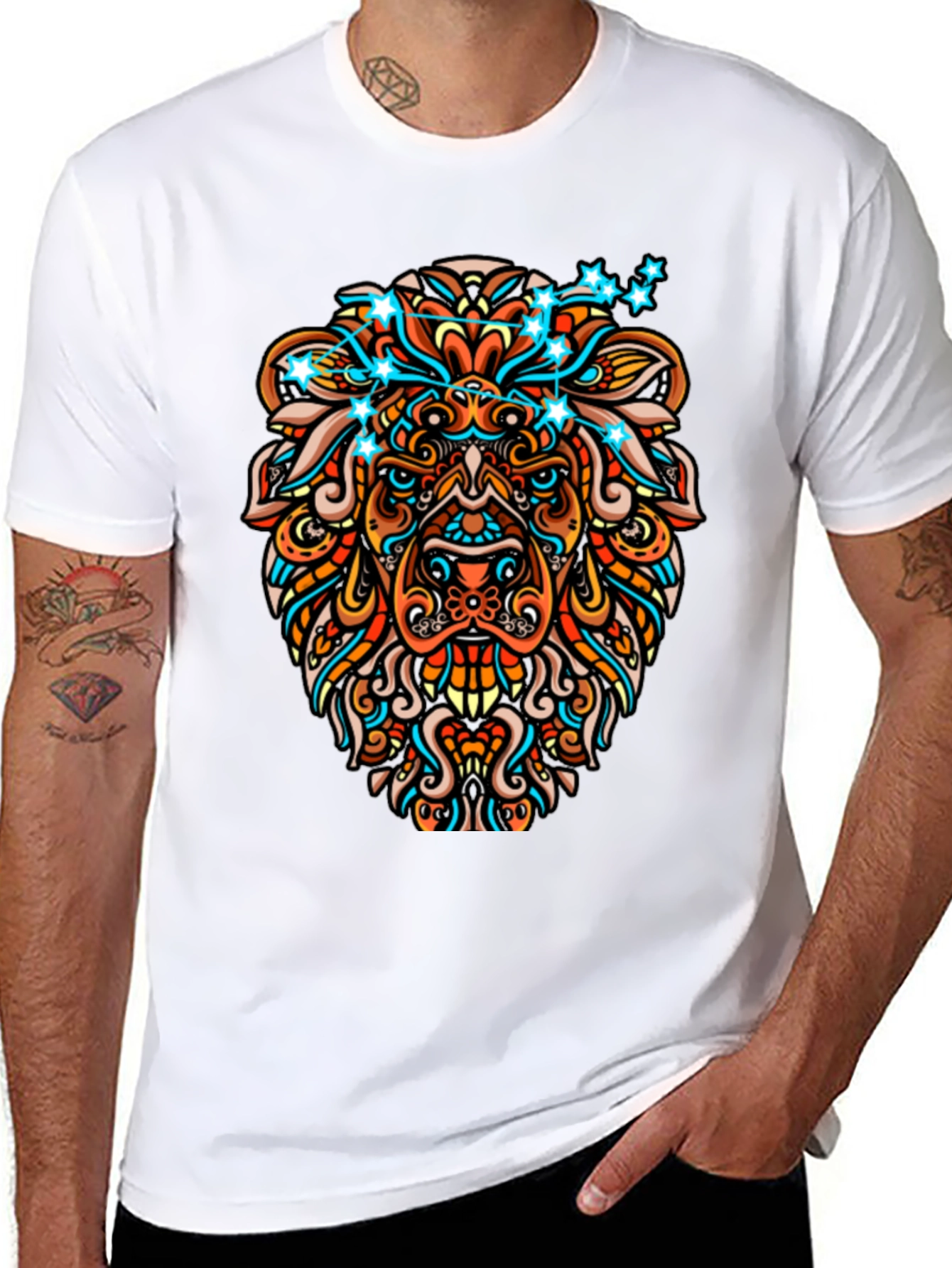 Lion Constellation Graphic Print Mens Black Tee