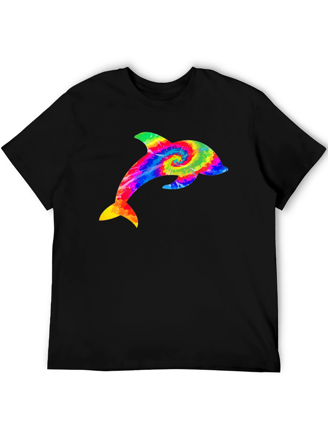 Rainbow Tie Dye Dolphin Graphic Black T-Shirt