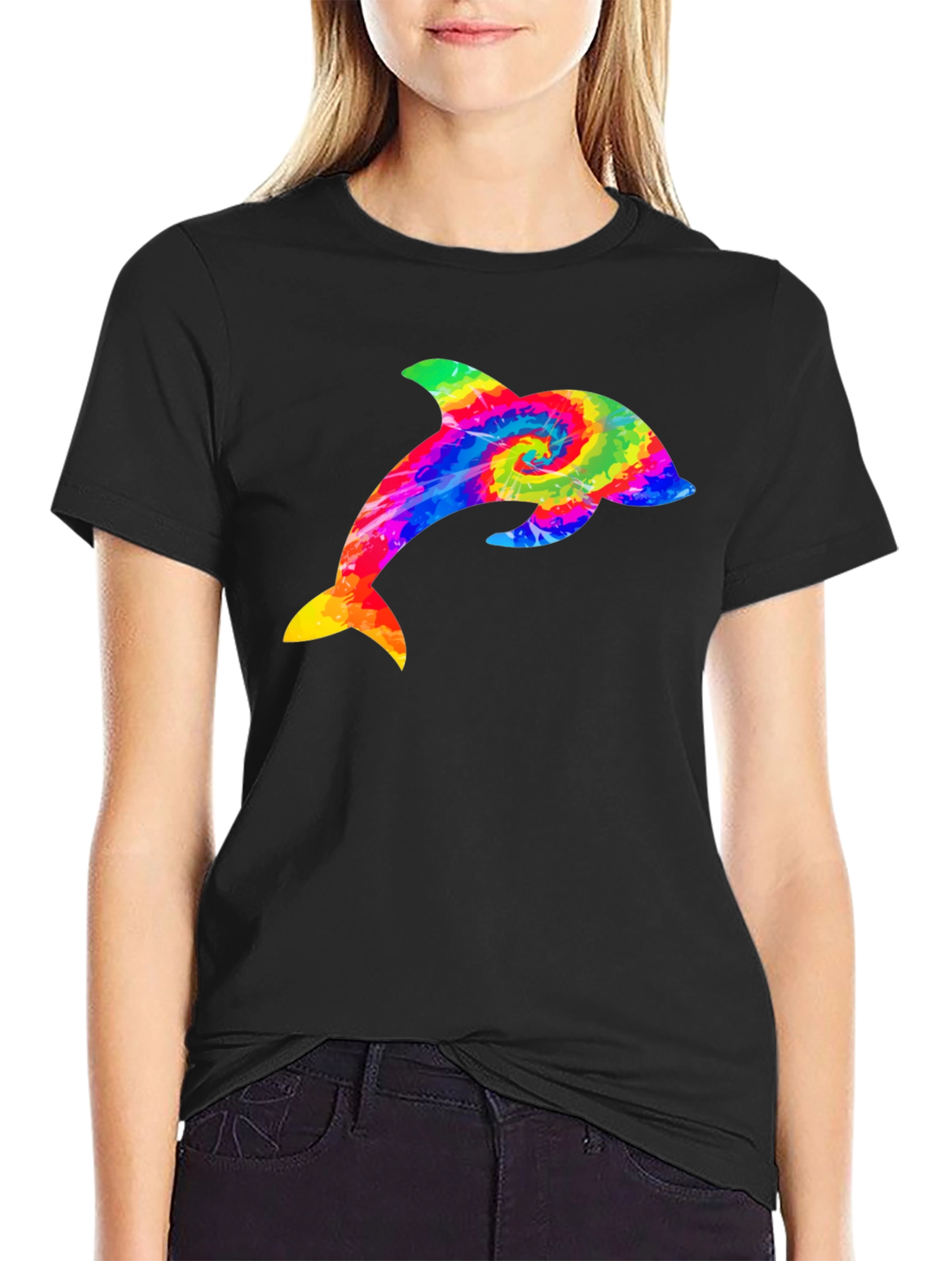 Rainbow Tie Dye Dolphin Graphic Black T-Shirt