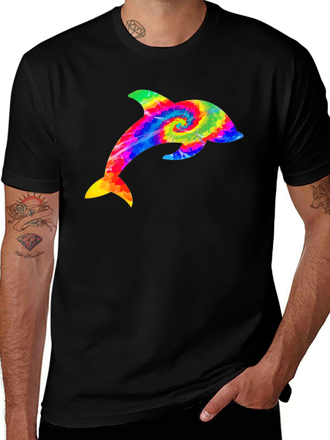 Rainbow Tie Dye Dolphin Graphic Black T-Shirt