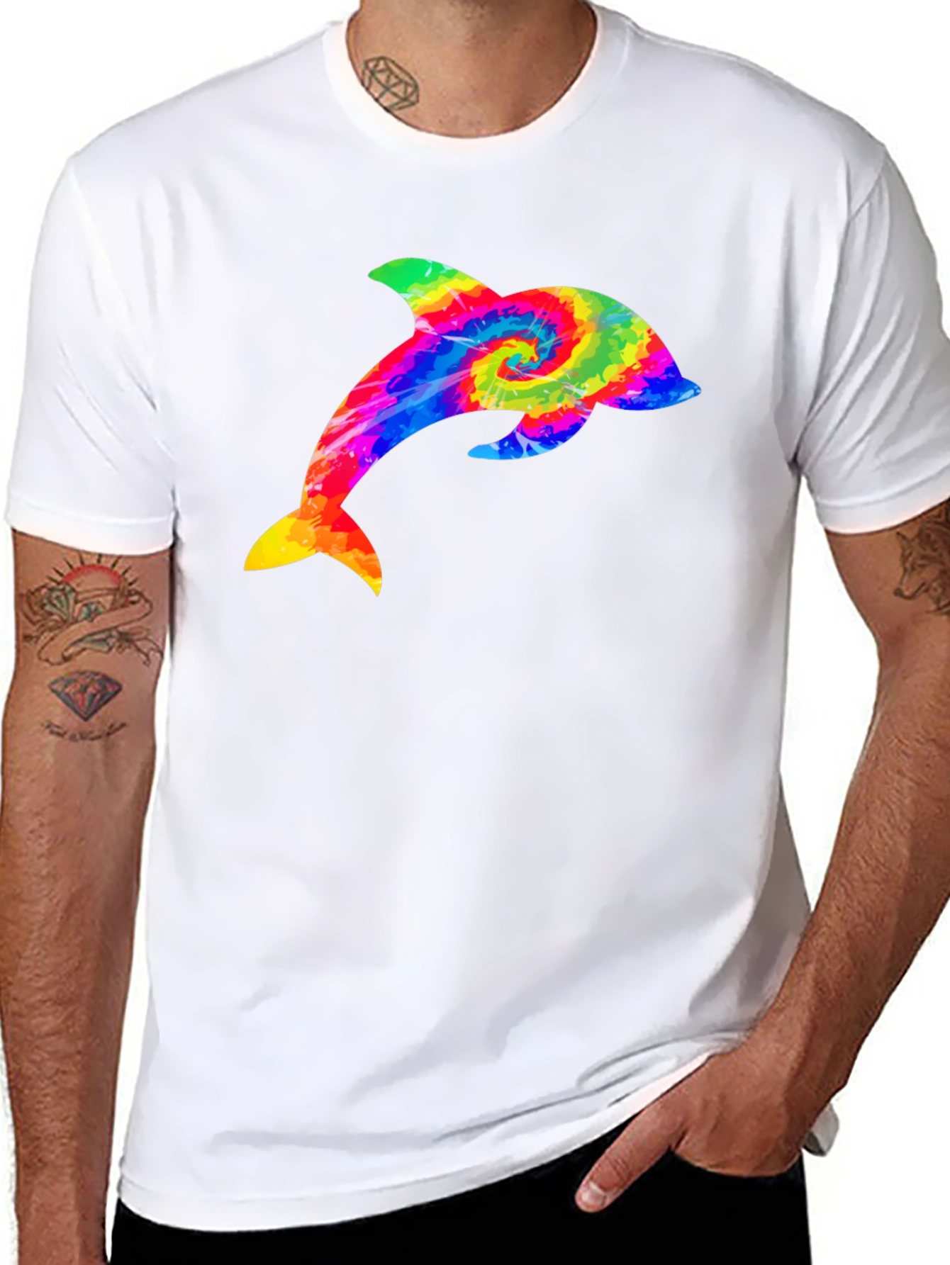 Rainbow Tie Dye Dolphin Graphic Black T-Shirt