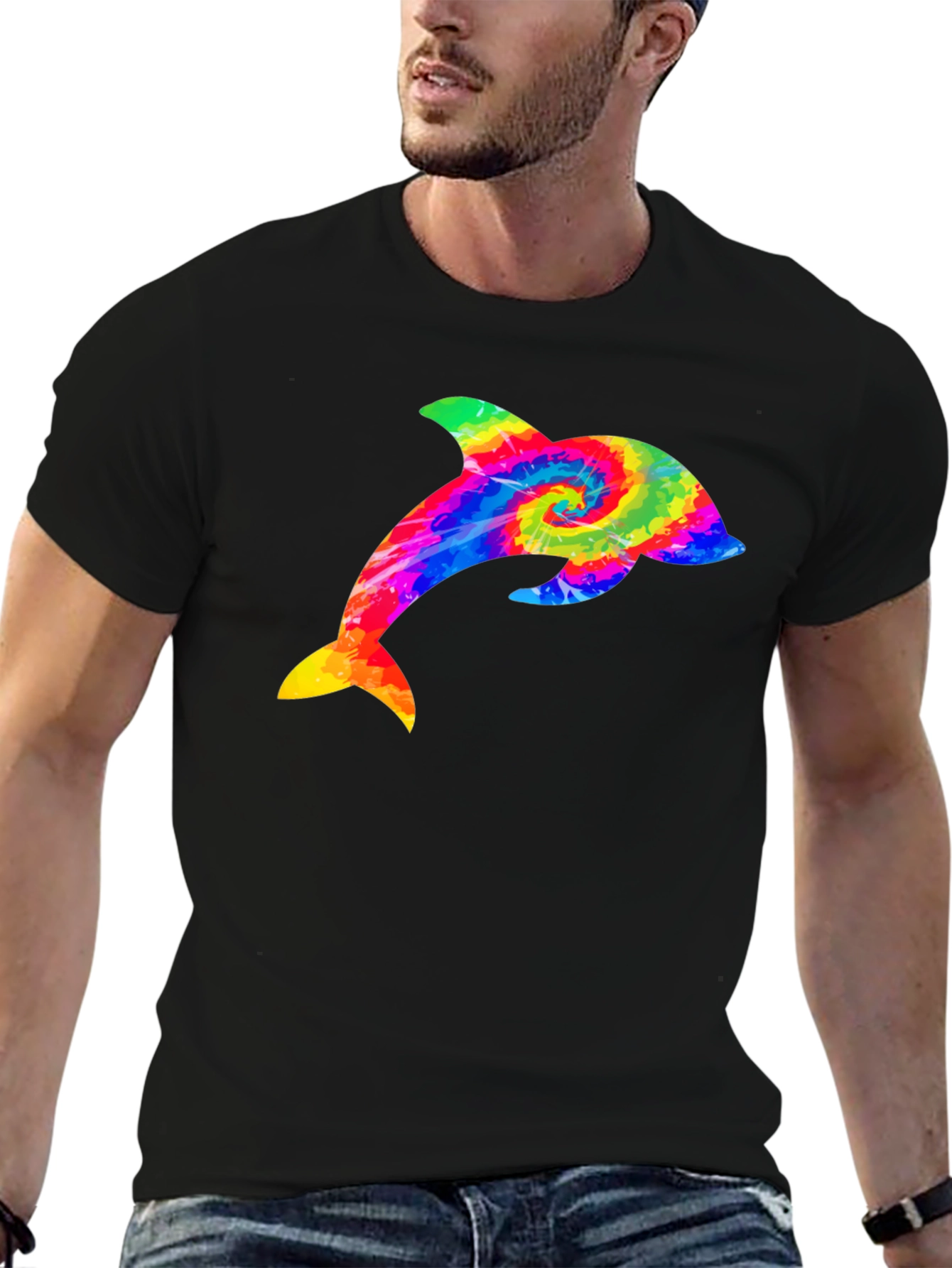 Rainbow Tie Dye Dolphin Graphic Black T-Shirt