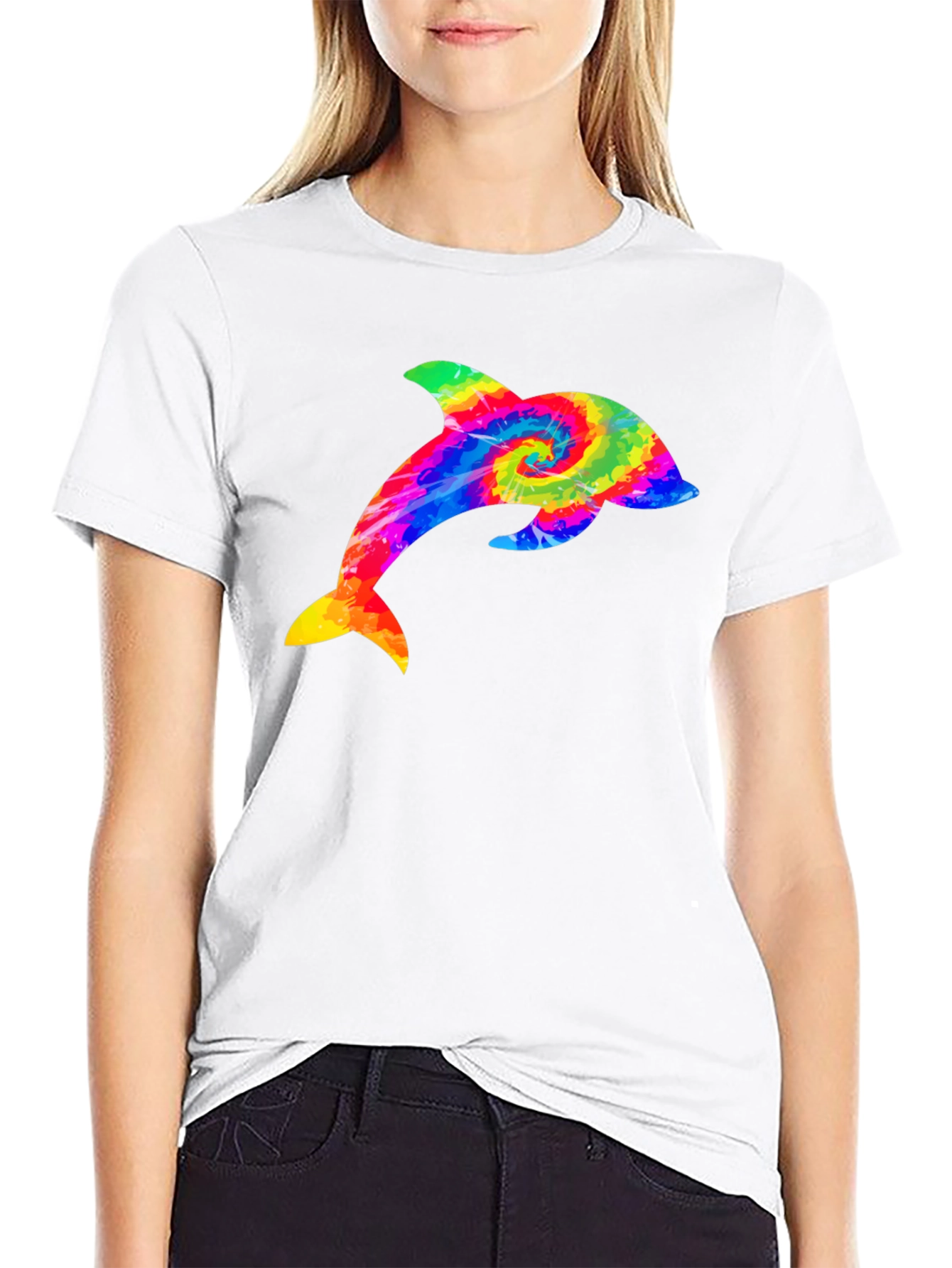 Rainbow Tie Dye Dolphin Graphic Black T-Shirt