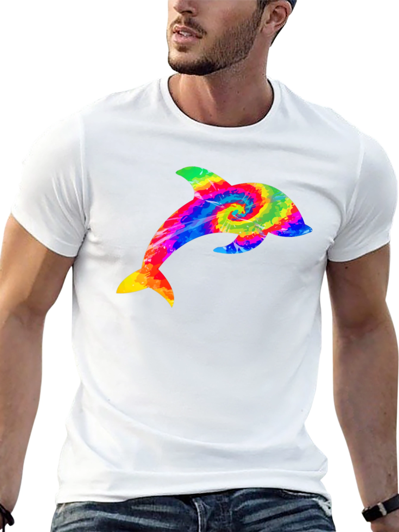 Rainbow Tie Dye Dolphin Graphic Black T-Shirt
