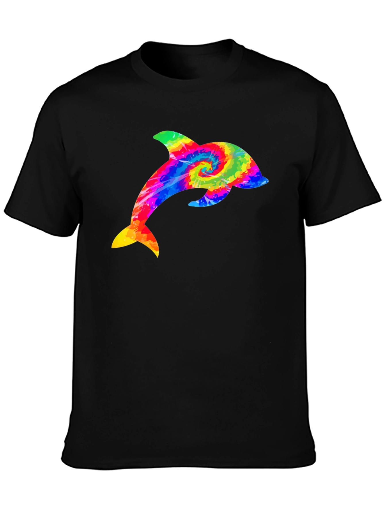 Rainbow Tie Dye Dolphin Graphic Black T-Shirt