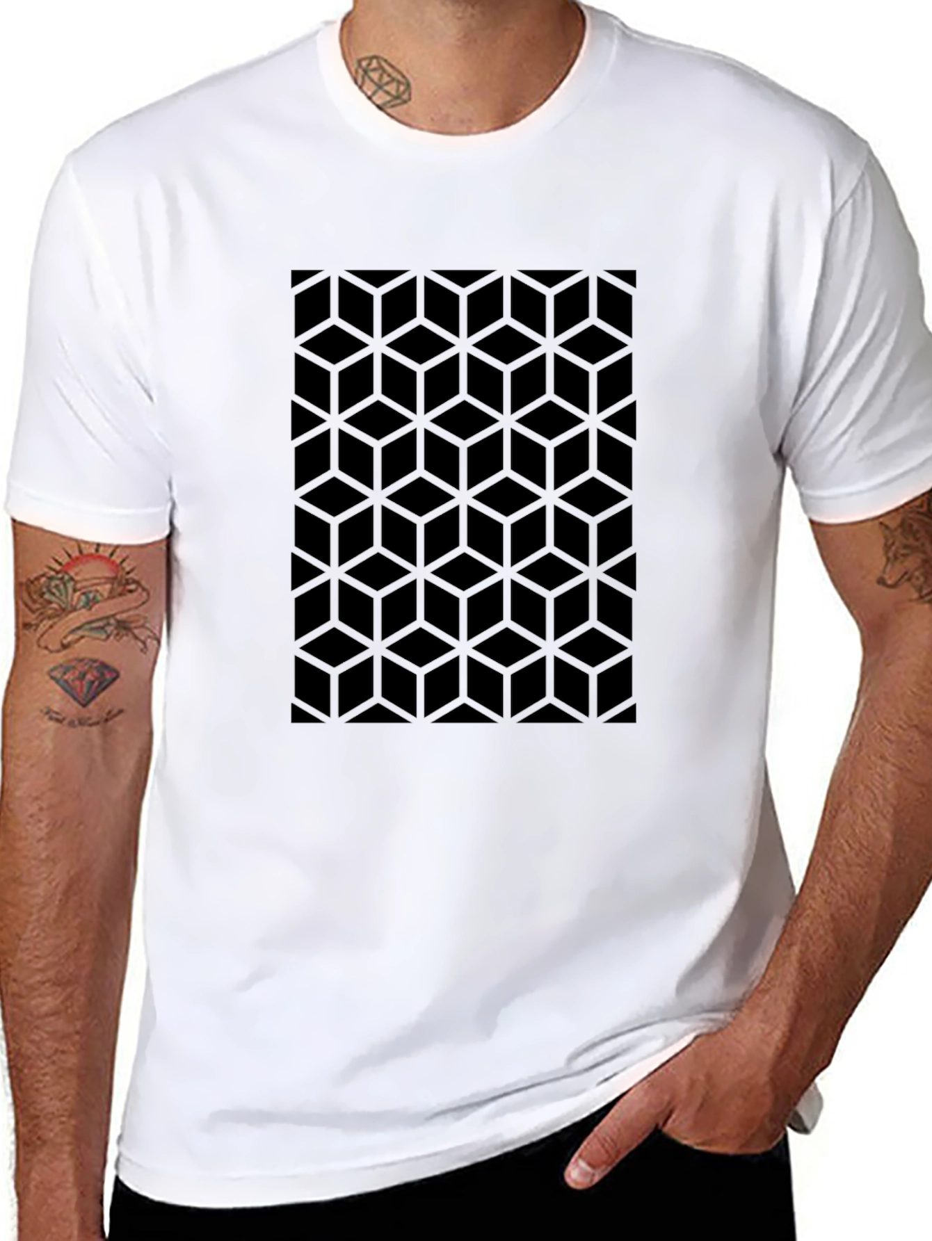Modern Geometric Cube Pattern Black T-Shirt