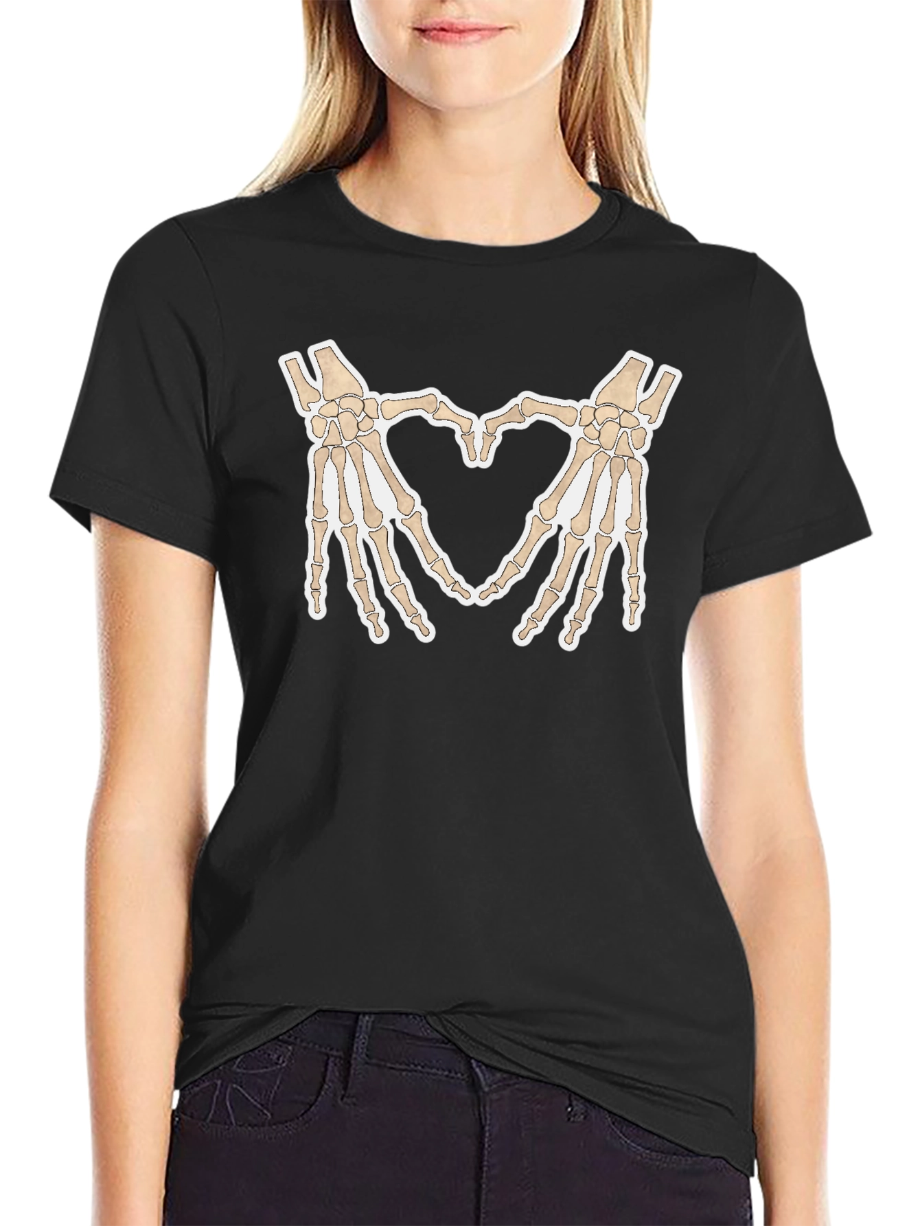 Skeleton Hands Heart Graphic Tee - Black Cotton T-Shirt