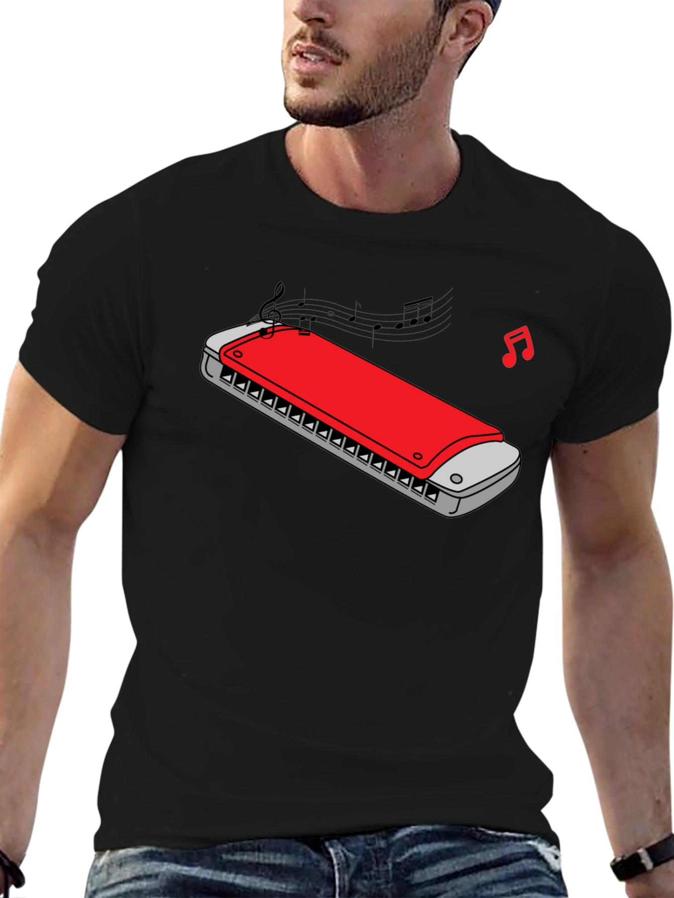 Harmonica Music Graphic Tee - Black Cotton