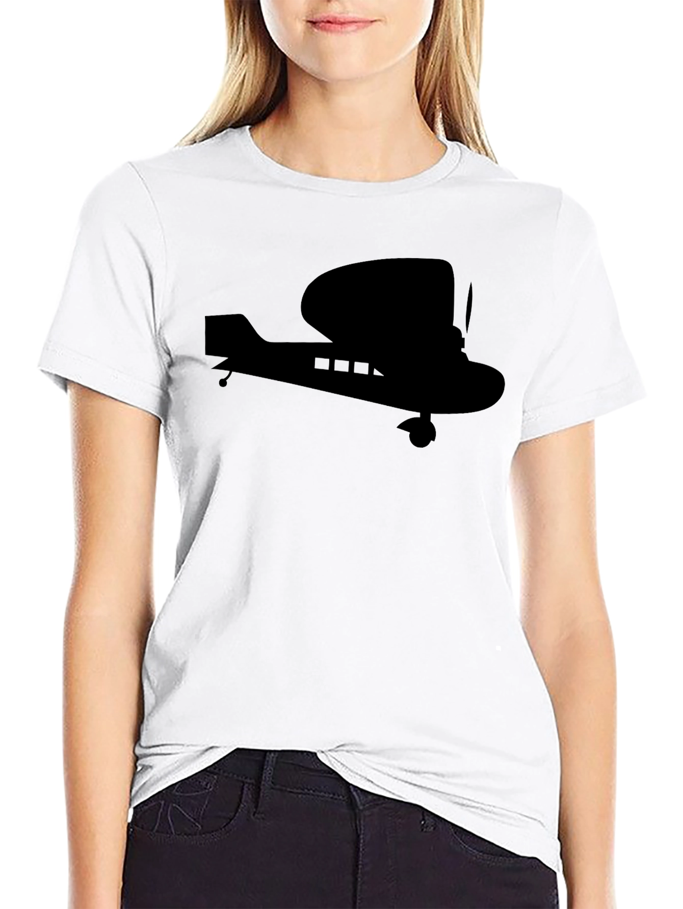 Biplane Silhouette Graphic Tee - Black Cotton T-Shirt