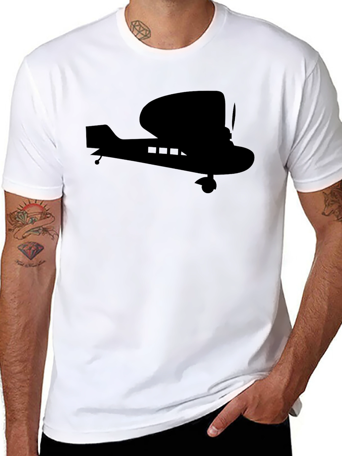 Biplane Silhouette Graphic Tee - Black Cotton T-Shirt