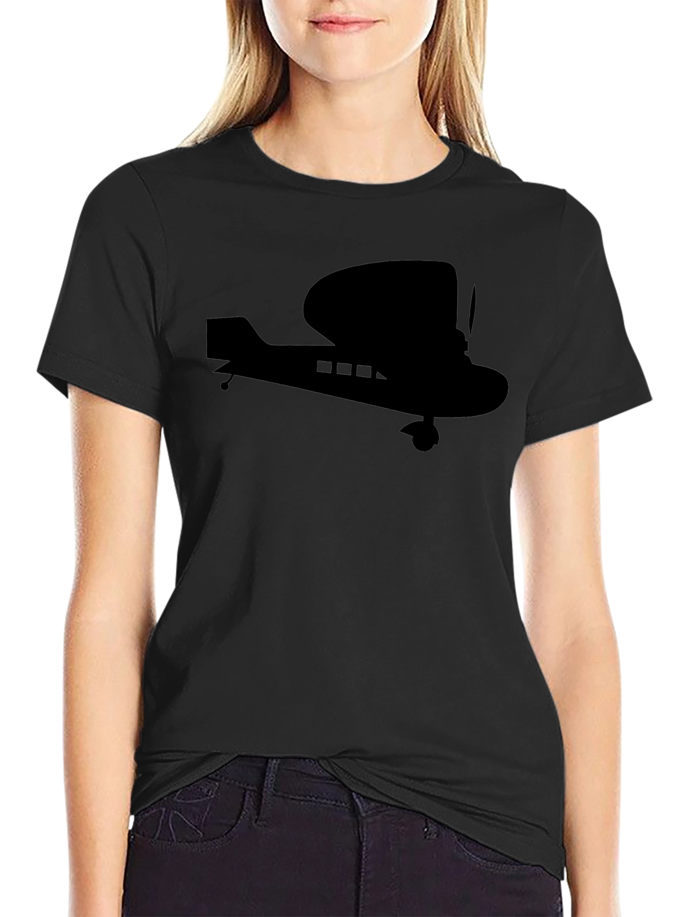 Biplane Silhouette Graphic Tee - Black Cotton T-Shirt