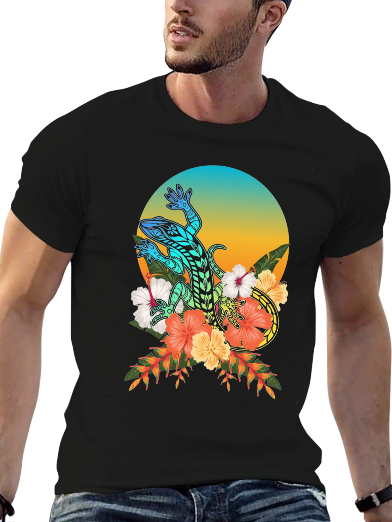 Lizard Floral Graphic T-Shirt - Black