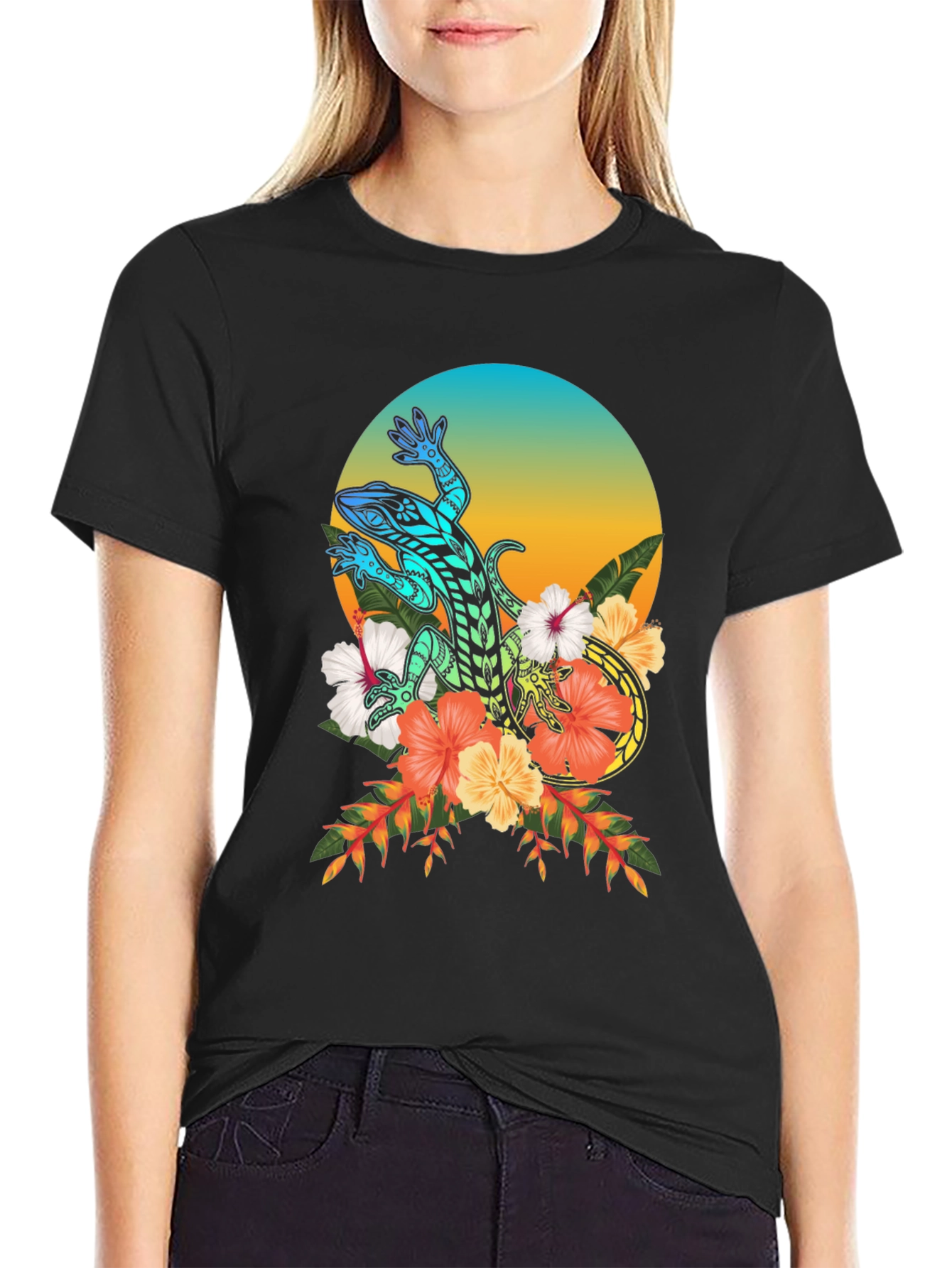 Lizard Floral Graphic T-Shirt - Black