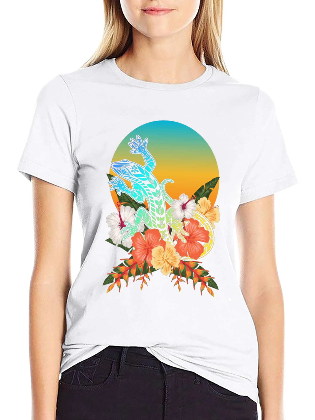 Lizard Floral Graphic T-Shirt - Black