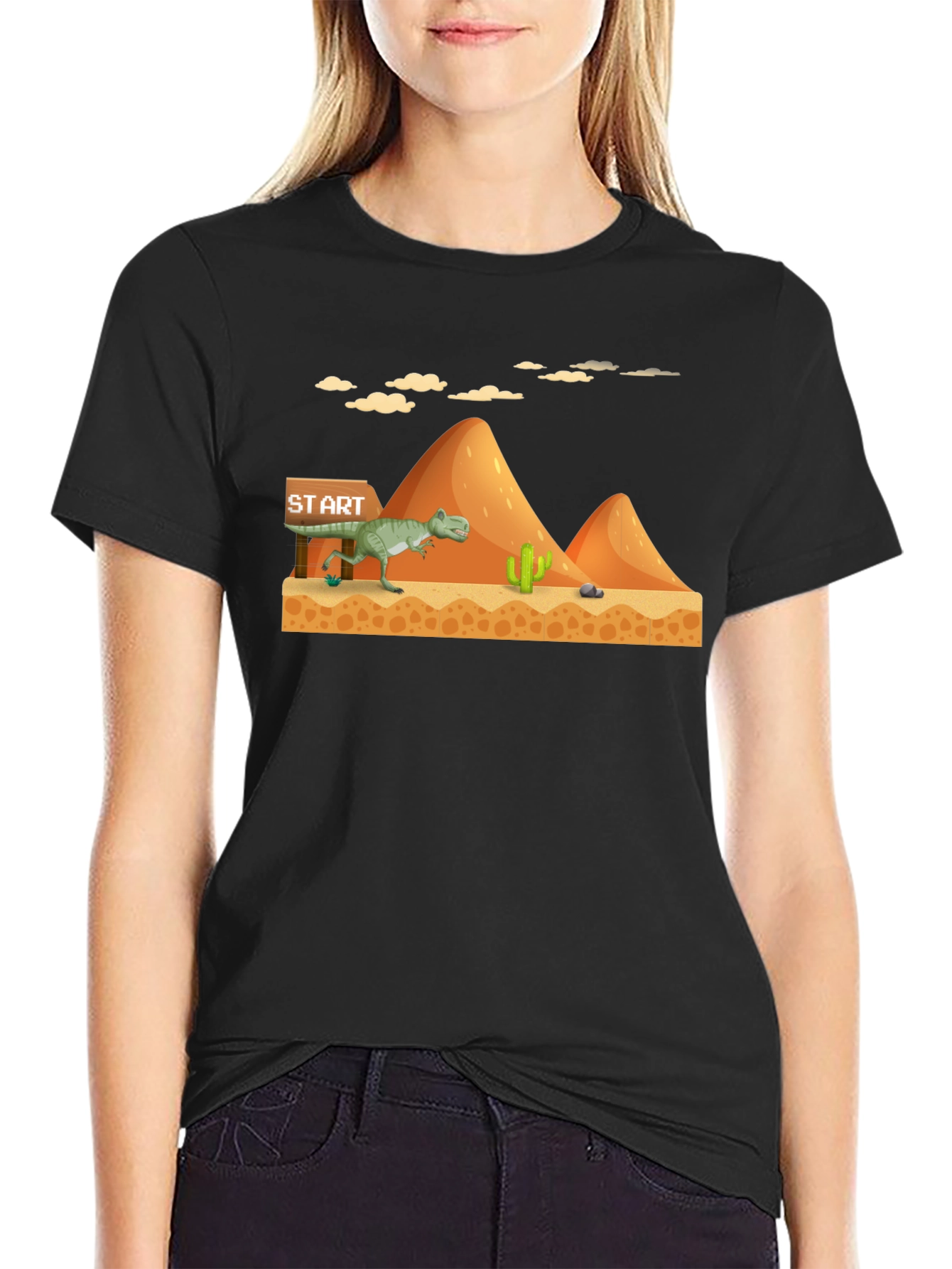 Dino Run Black T-Shirt - Retro Gaming