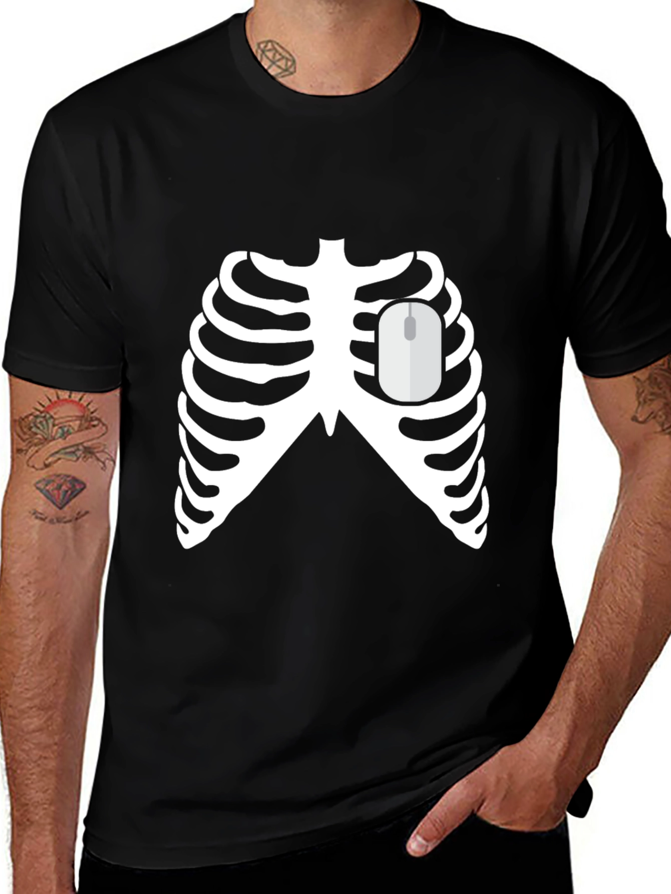 Skeleton Ribcage with Mouse Heart Funny Graphic Tee