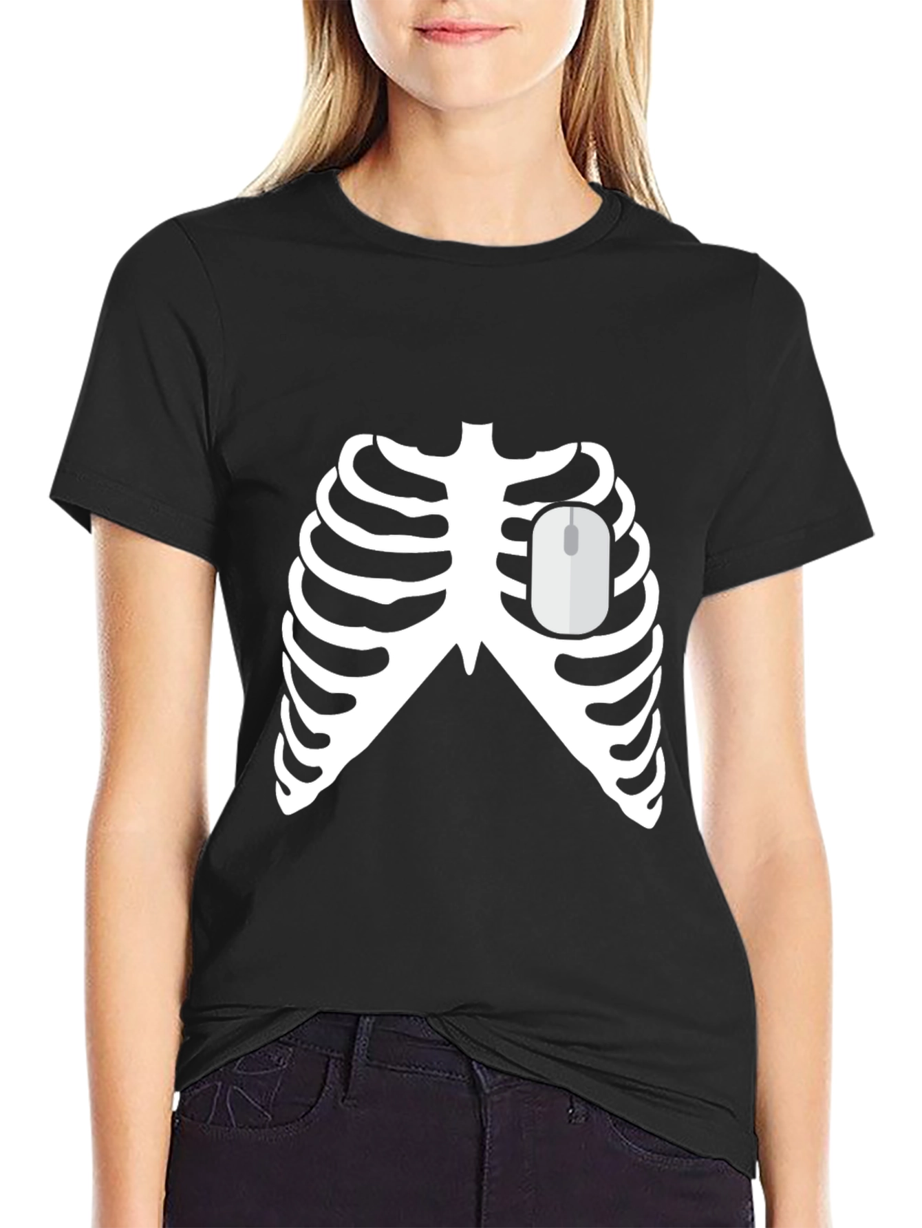 Skeleton Ribcage with Mouse Heart Funny Graphic Tee