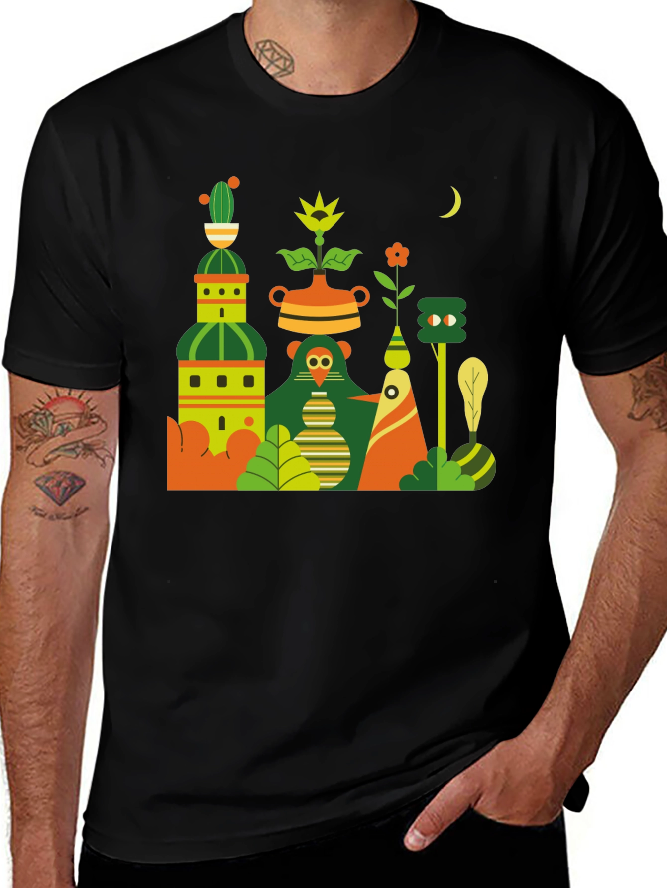 Black T-Shirt with Abstract Nature Graphic