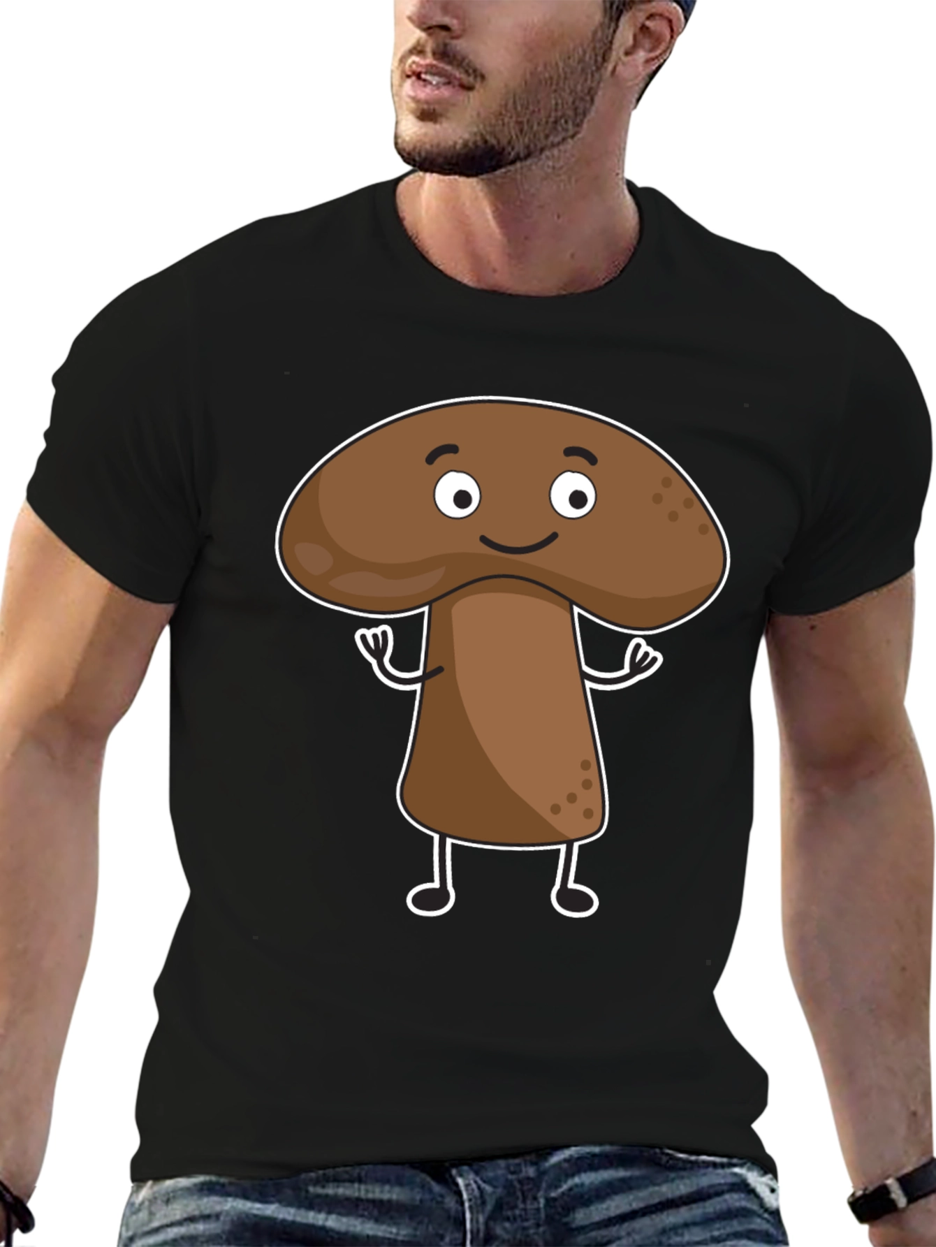 Mushroom Cartoon Graphic Black T-Shirt