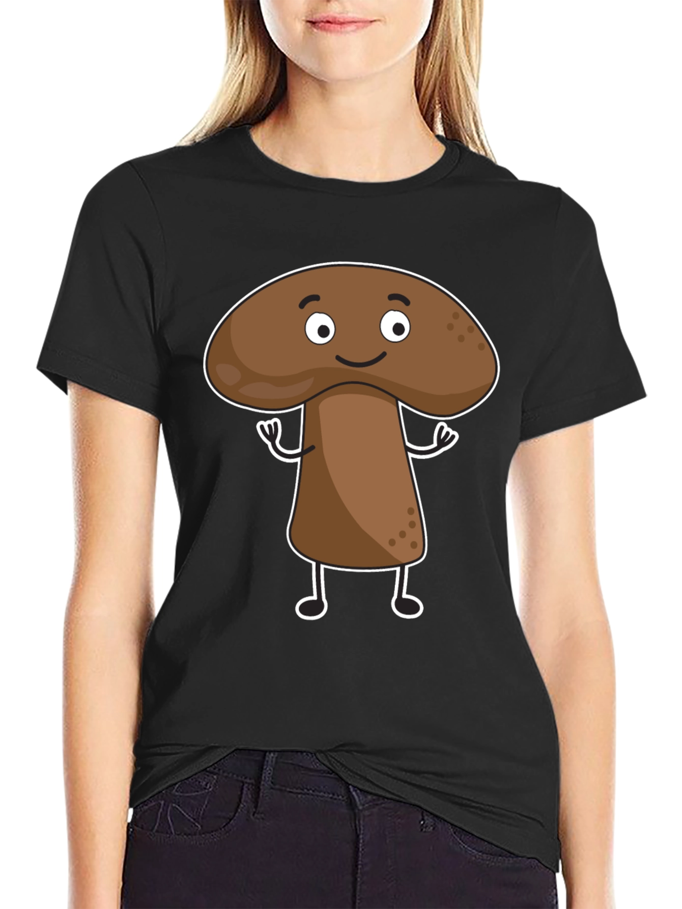 Mushroom Cartoon Graphic Black T-Shirt
