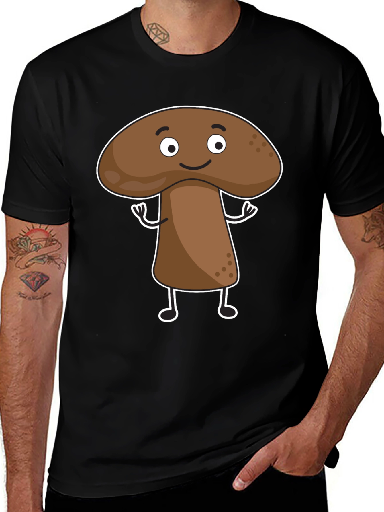 Mushroom Cartoon Graphic Black T-Shirt