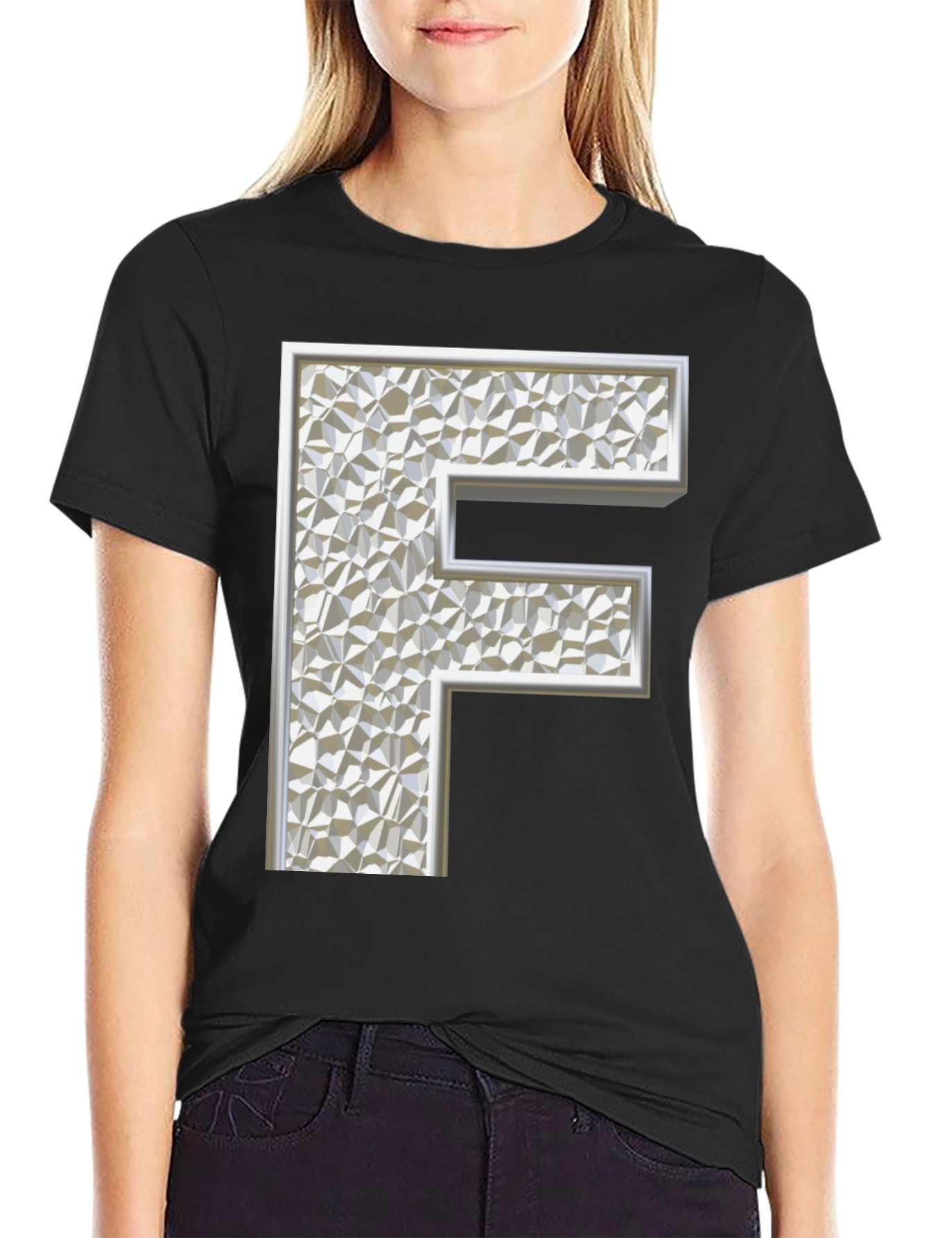 Abstract Letter F Graphic Black T-Shirt