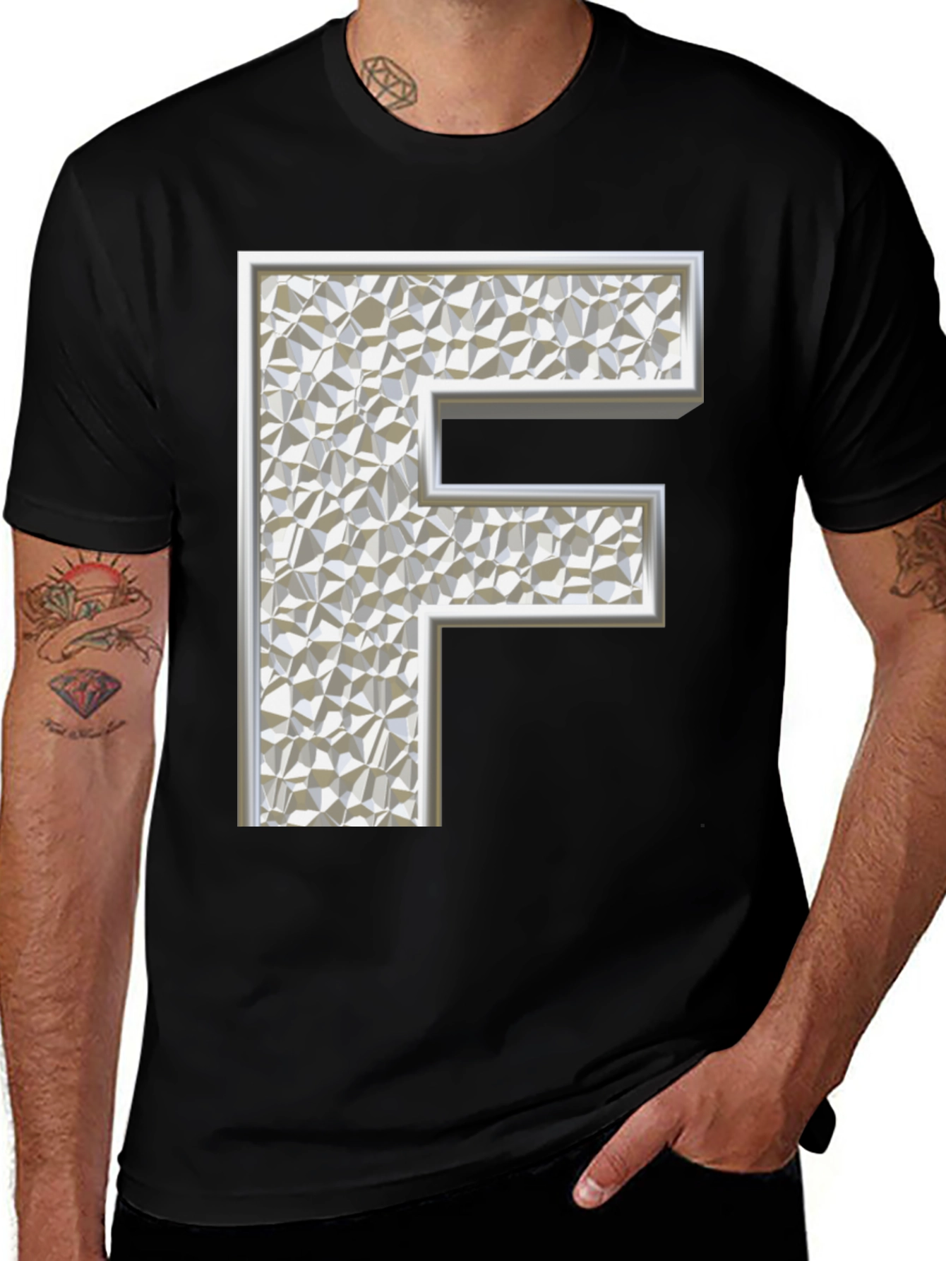 Abstract Letter F Graphic Black T-Shirt