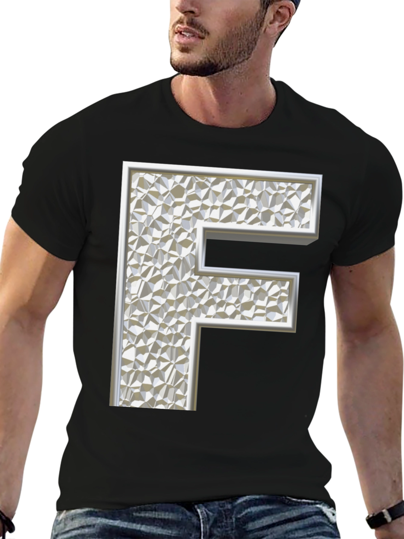 Abstract Letter F Graphic Black T-Shirt