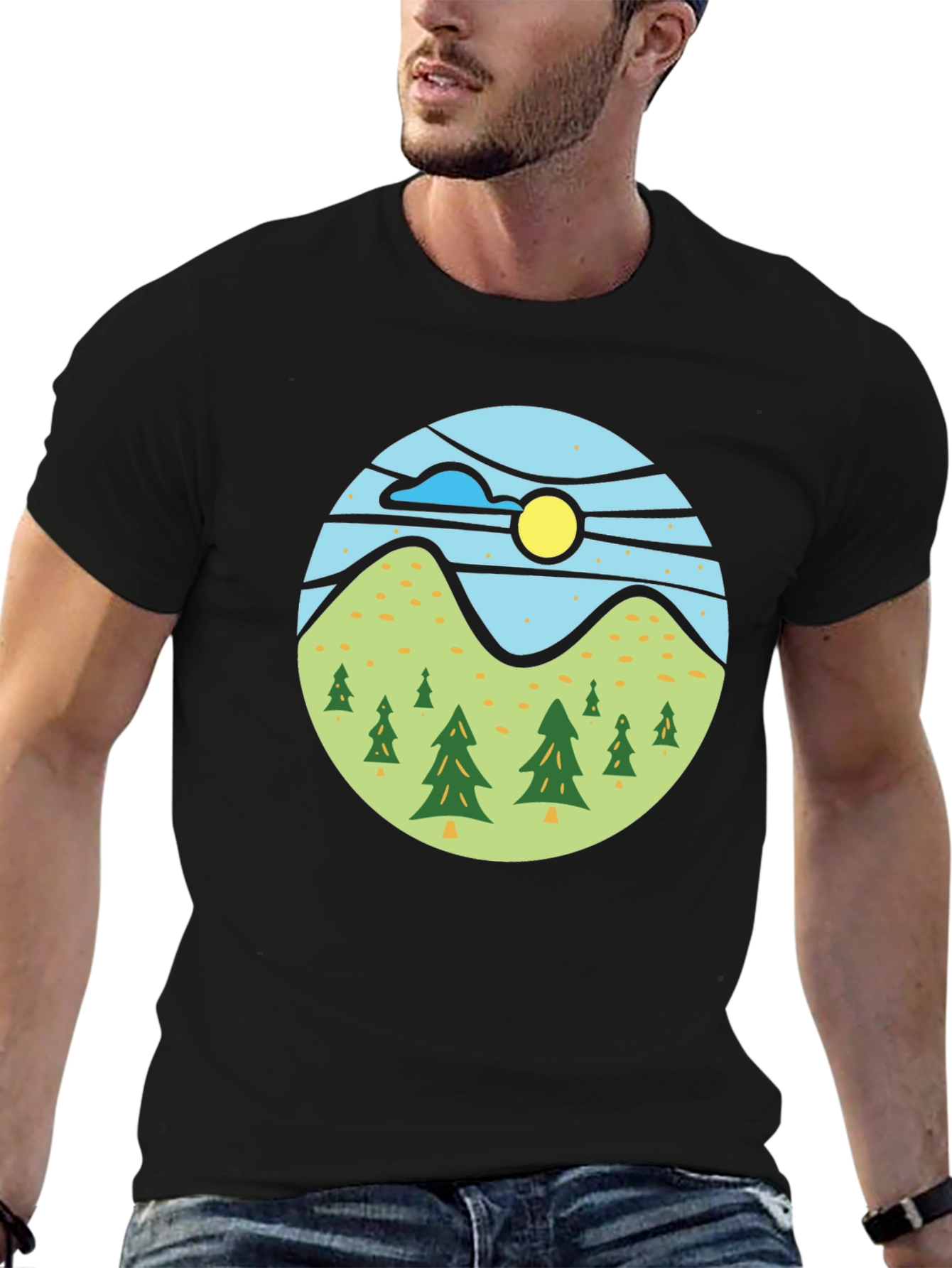 Nature Scene Graphic Tee - Black Casual T-Shirt