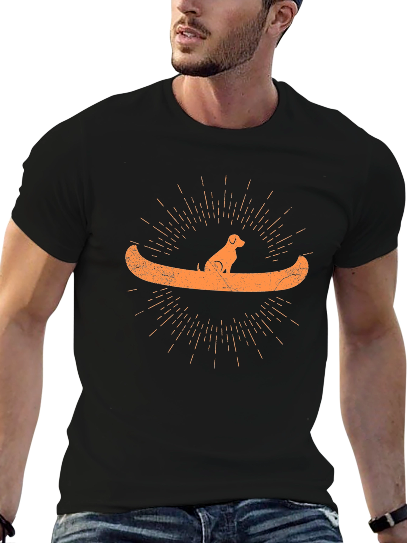 Dog in Canoe Graphic Tee - Black Crewneck T-Shirt