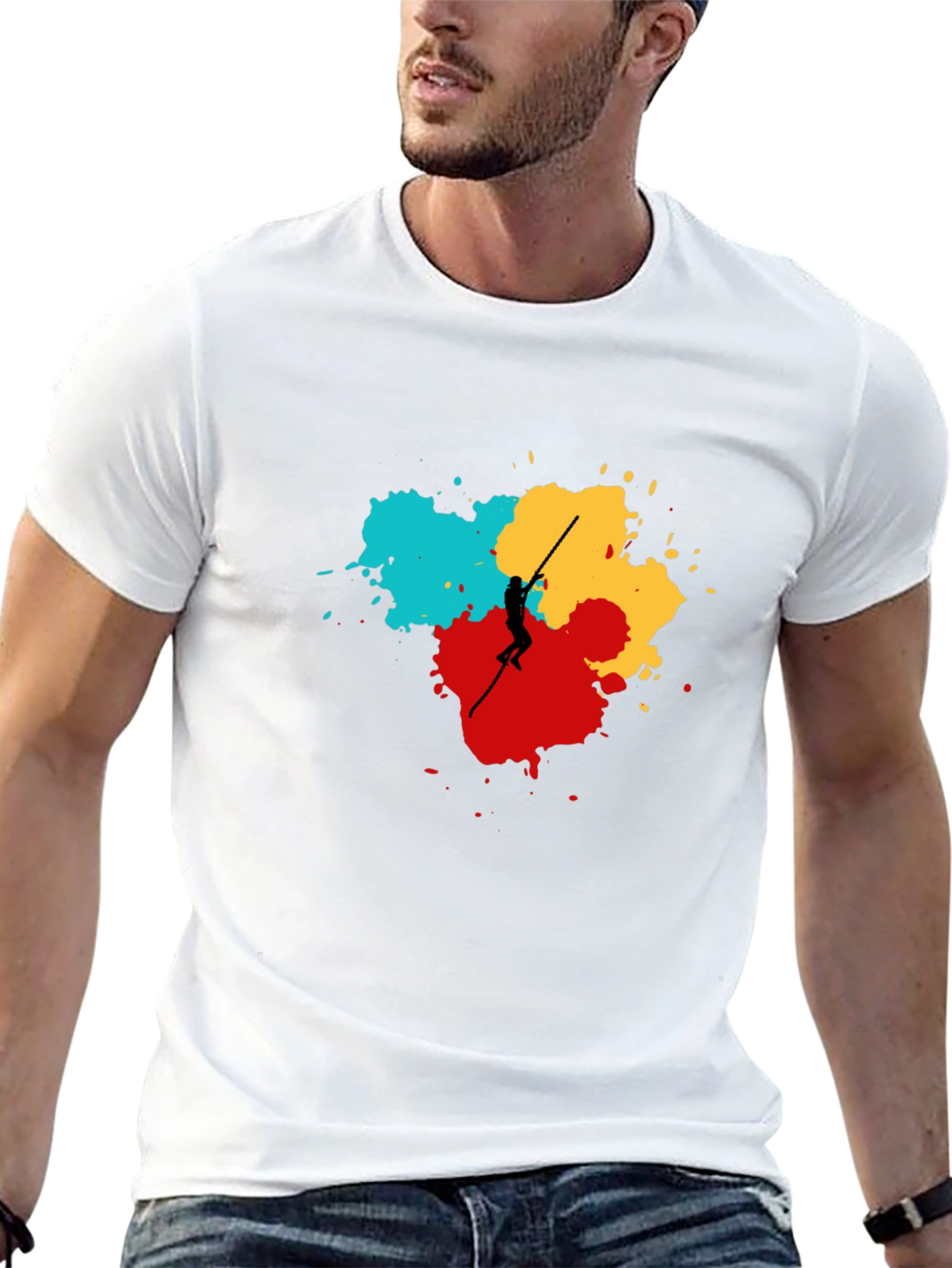 Abstract Pole Vaulter Graphic Tee - Black Cotton Shirt