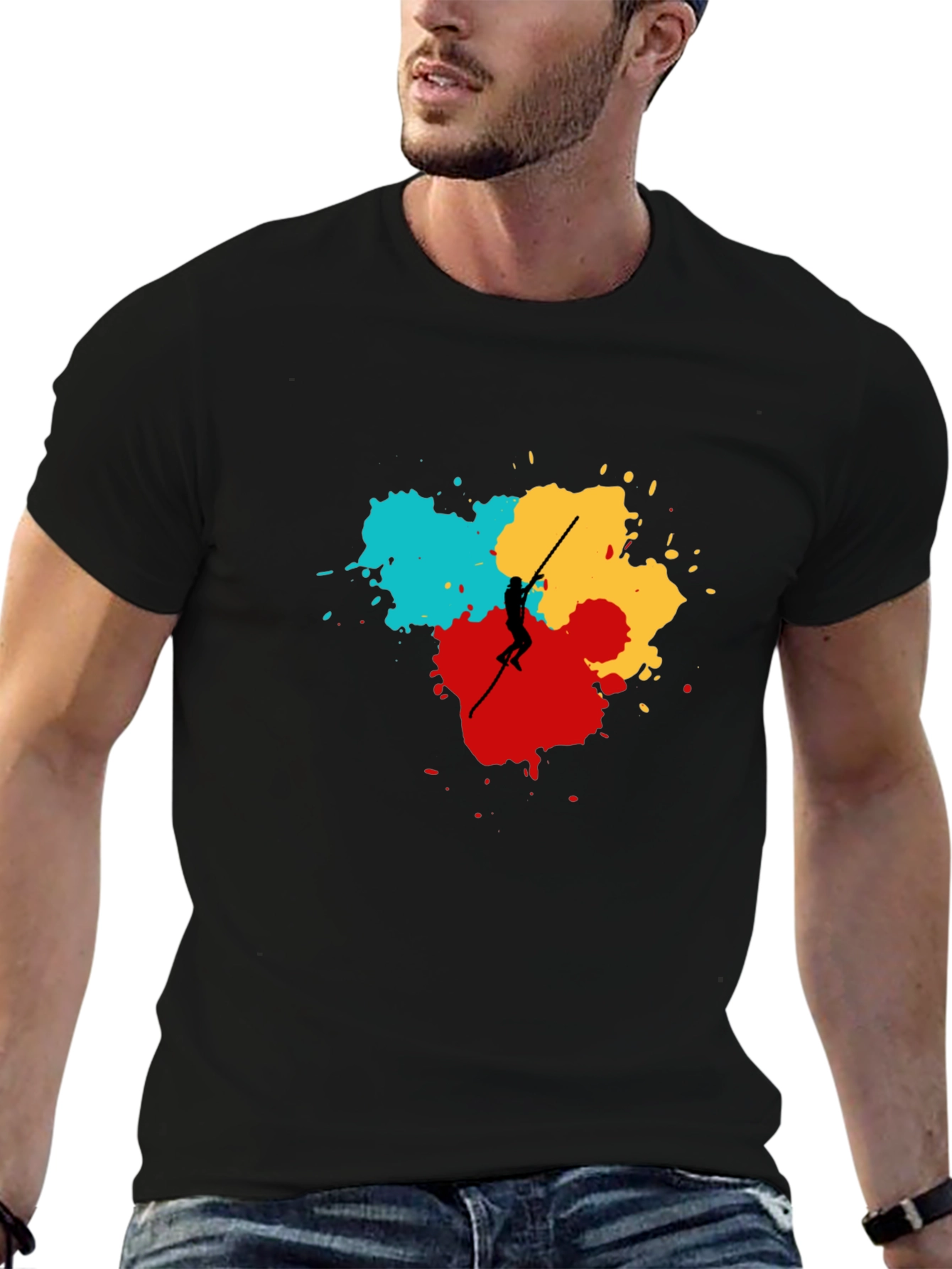 Abstract Pole Vaulter Graphic Tee - Black Cotton Shirt
