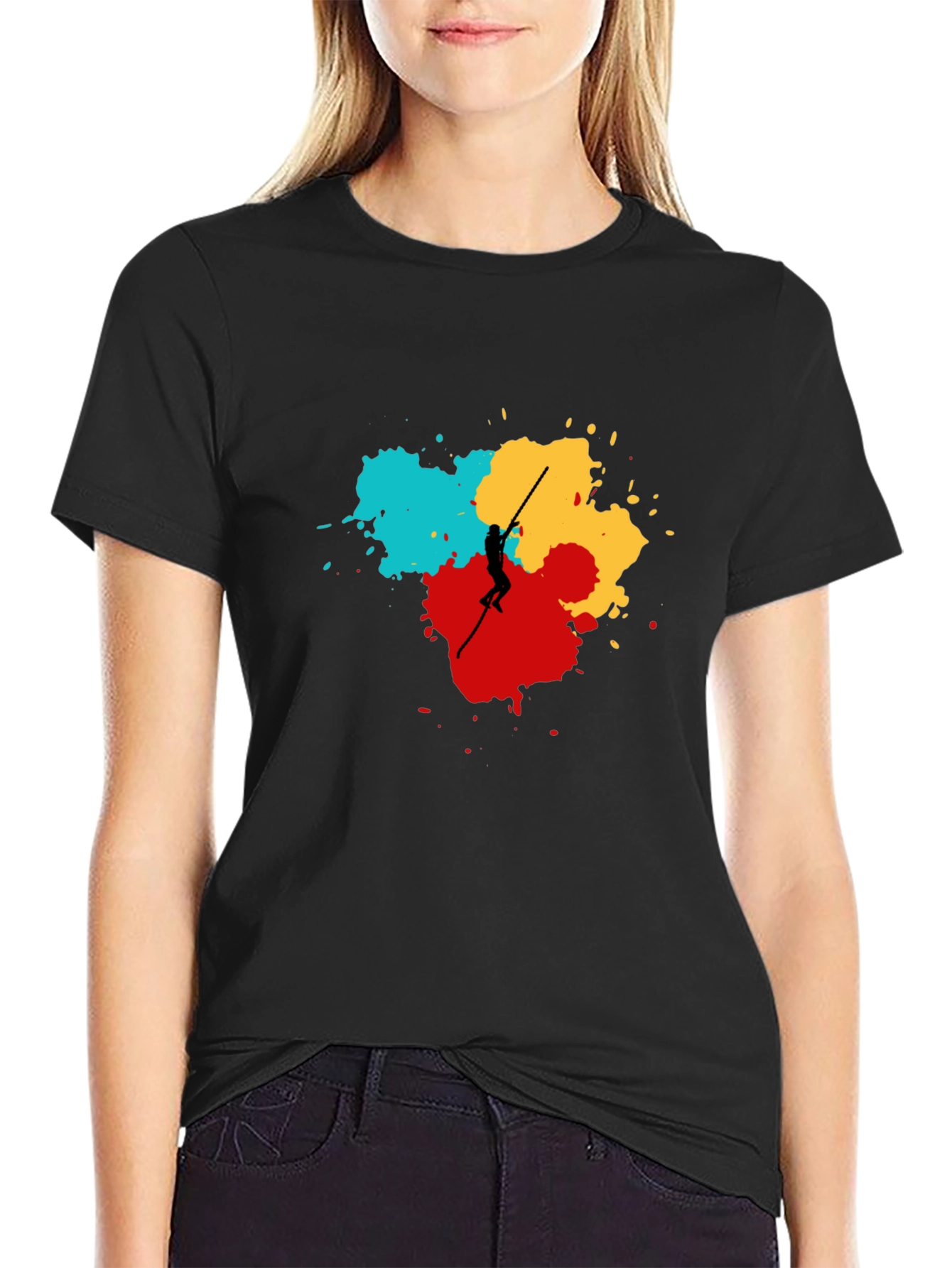 Abstract Pole Vaulter Graphic Tee - Black Cotton Shirt