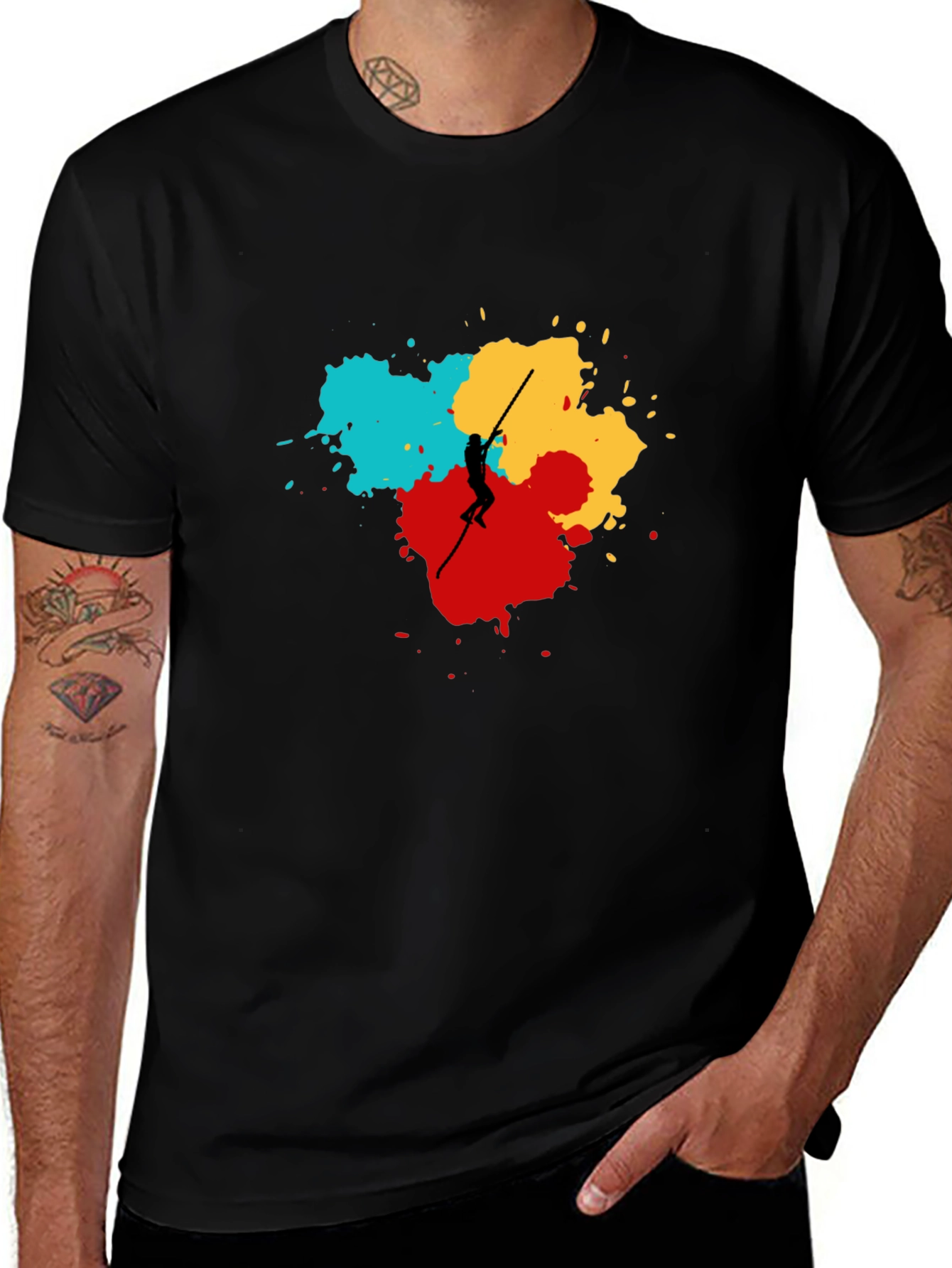 Abstract Pole Vaulter Graphic Tee - Black Cotton Shirt