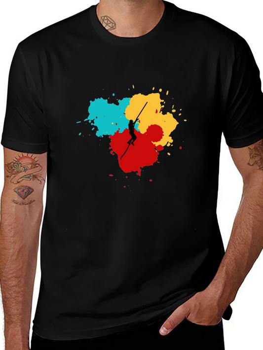Abstract Pole Vaulter Graphic Tee - Black Cotton Shirt