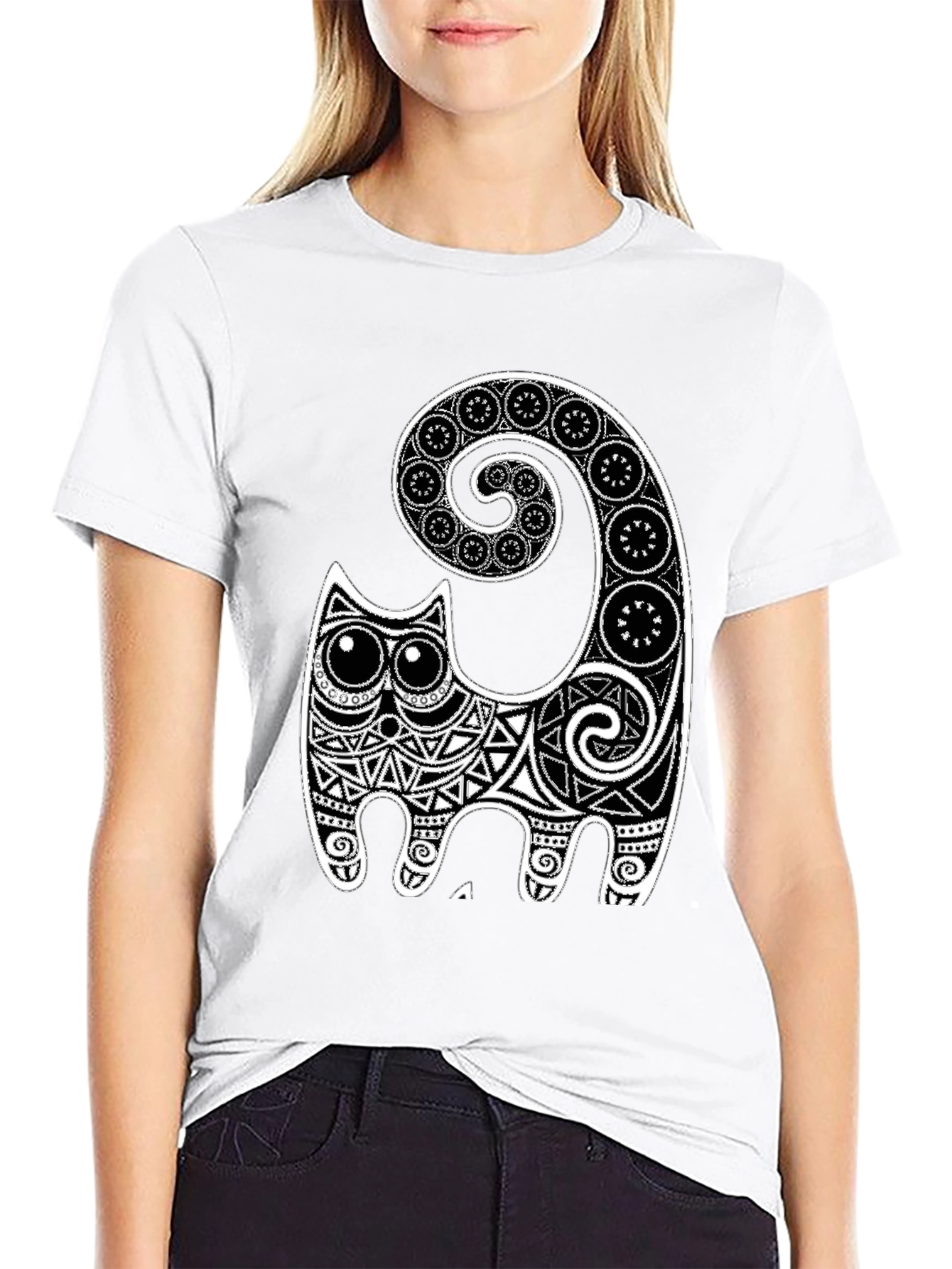 Tribal Cat Graphic Tee - Black